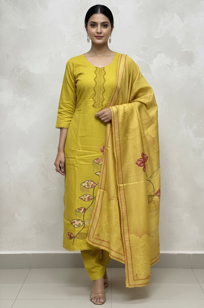 Mustard Yellow Cotton Suit with Digital Embroidery & Printed Dupatta | Signature Collection