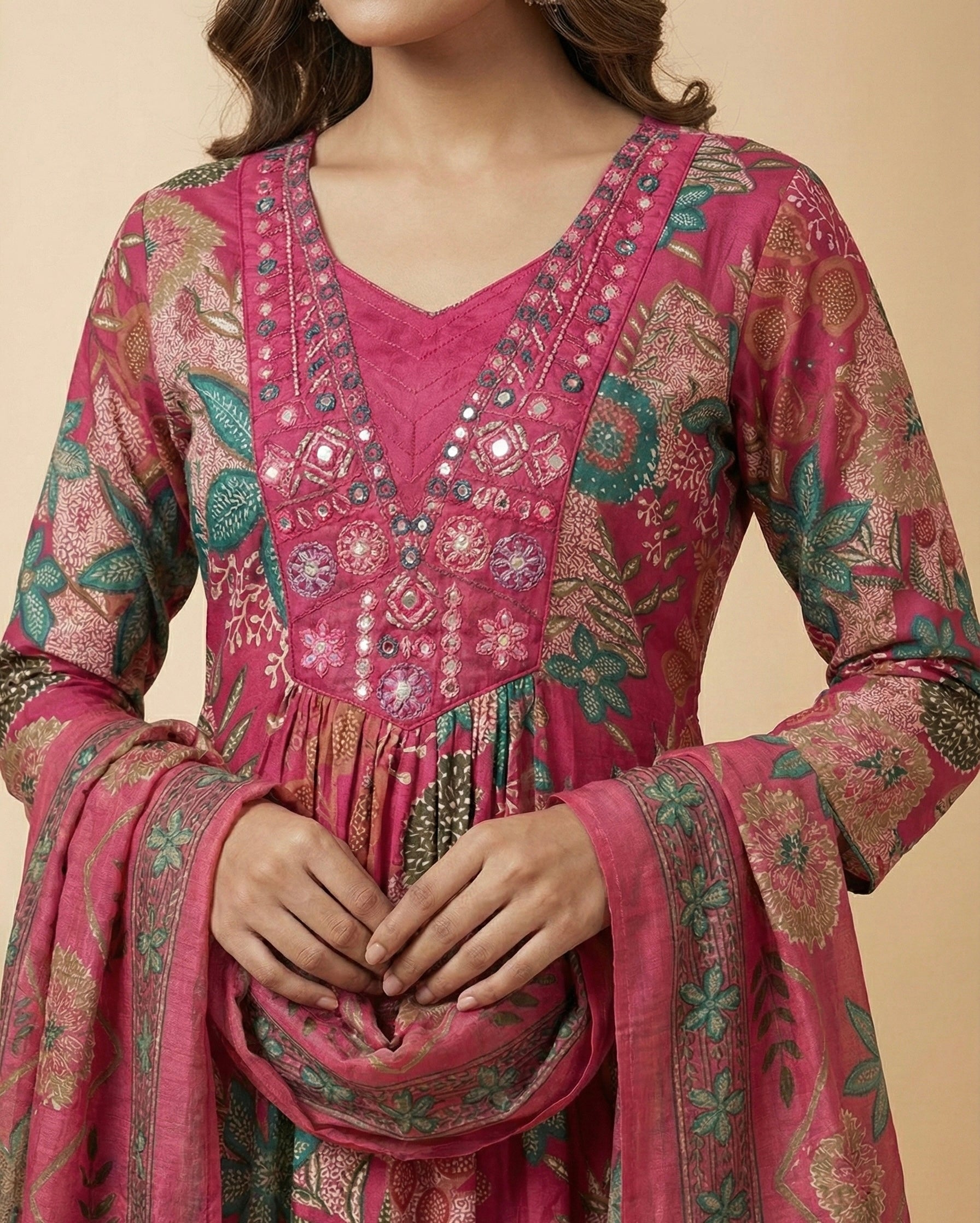 Cotton Ghera 3-Piece Suit Set with Embroidered Neck