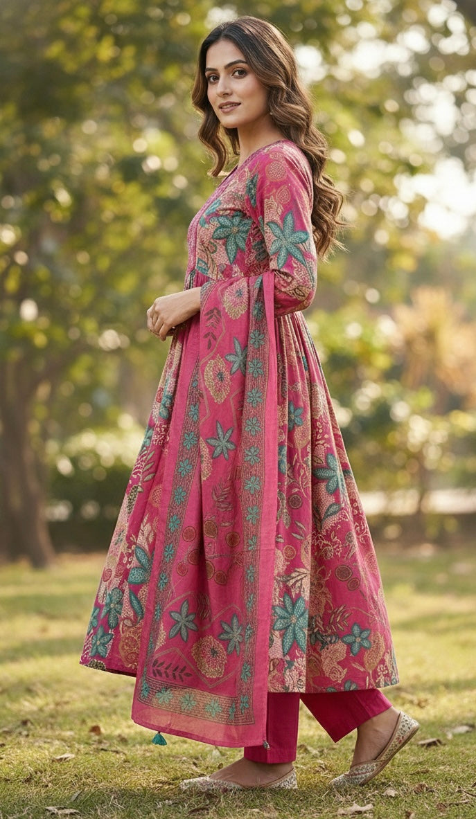 Cotton Ghera 3-Piece Suit Set with Embroidered Neck