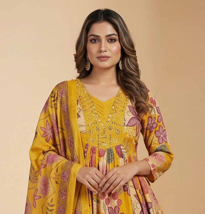 Cotton Ghera 3-Piece Suit Set with Embroidered Neck