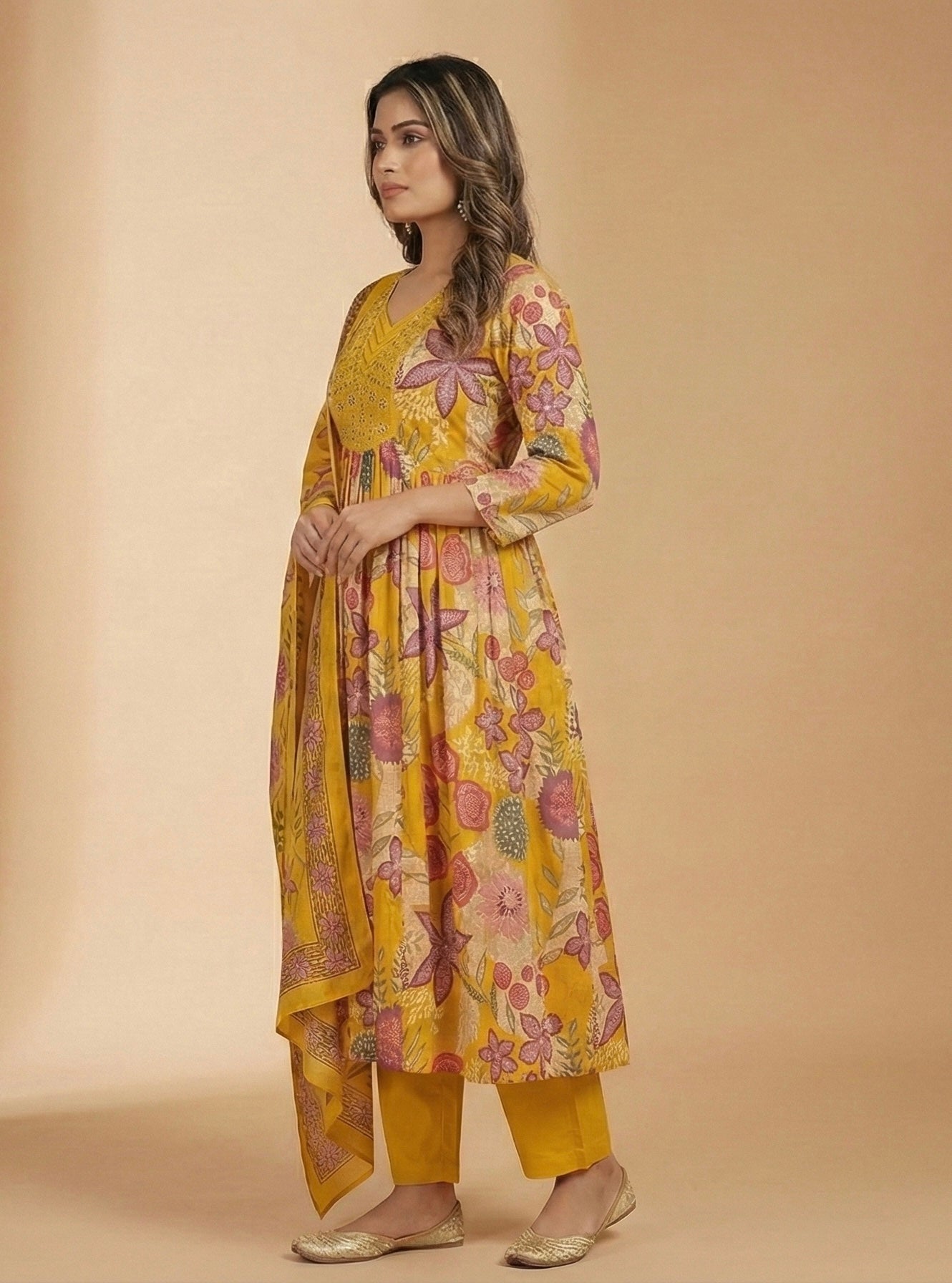 Cotton Ghera 3-Piece Suit Set with Embroidered Neck