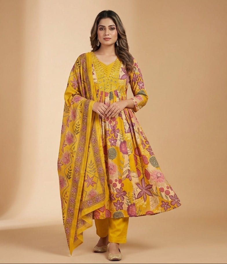 Cotton Ghera 3-Piece Suit Set with Embroidered Neck