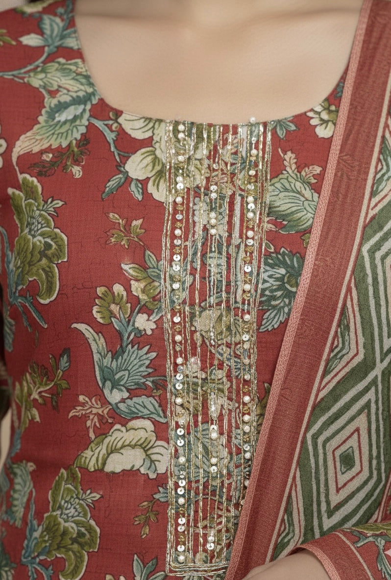 Cotton-Silk Floral Suit with Handwork Neckline