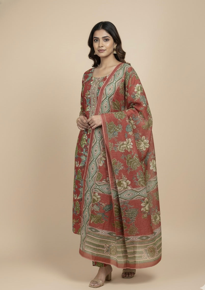 Cotton-Silk Floral Suit with Handwork Neckline
