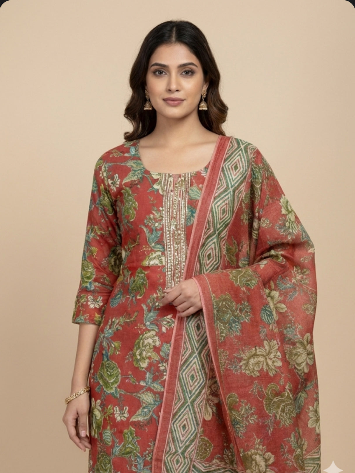 Cotton-Silk Floral Suit with Handwork Neckline