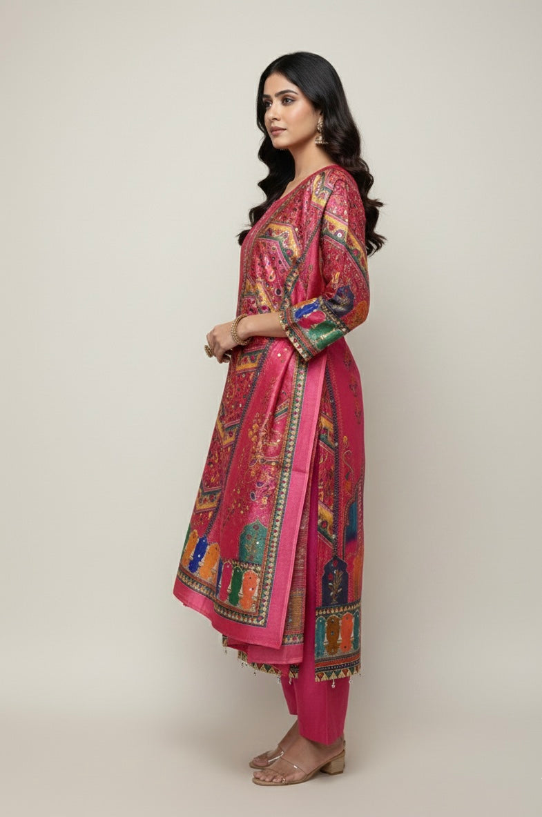Hot Pink Gadwal Silk Mirror Work Suit Set with American Cotton Inner