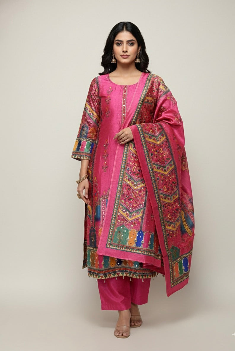 Hot Pink Gadwal Silk Mirror Work Suit Set with American Cotton Inner