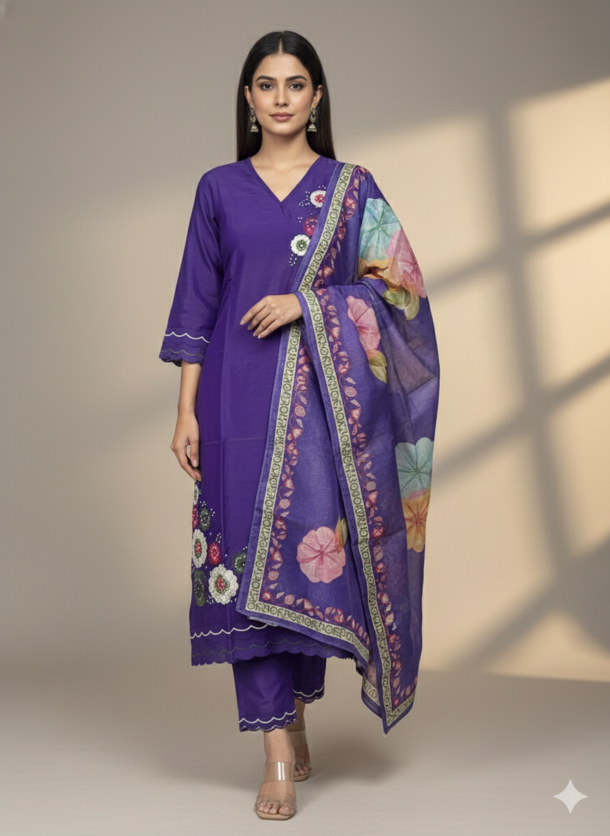 Shimmer Silk Suit with Digital Dupatta, Embroidery & Pearl Handwork – 3 Colors