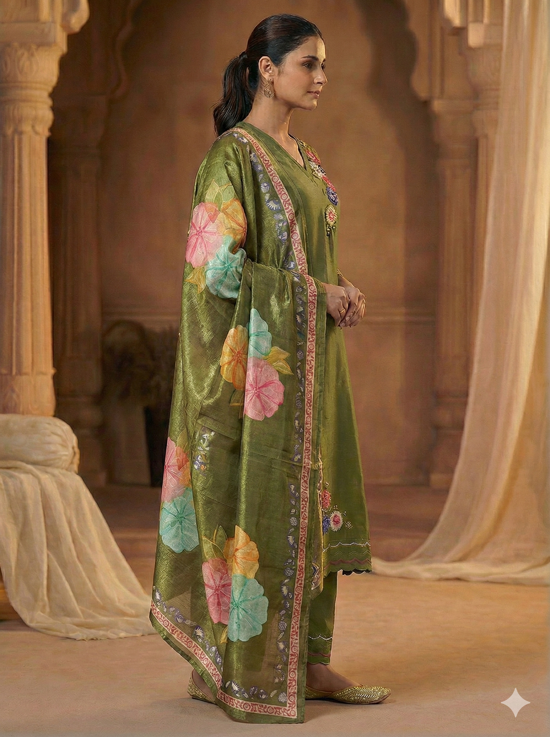 Shimmer Silk Suit with Digital Dupatta, Embroidery & Pearl Handwork – 3 Colors