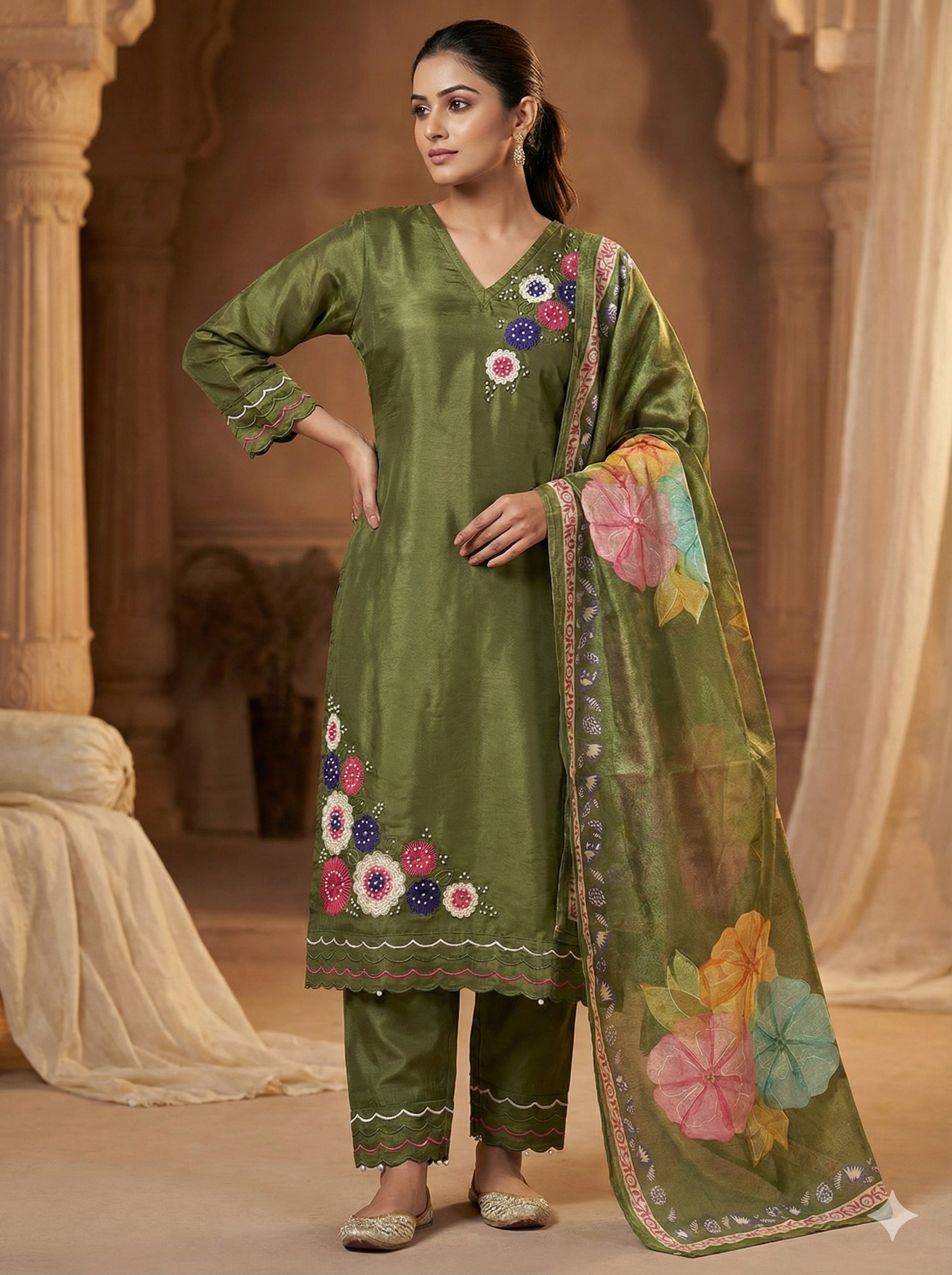 Shimmer Silk Suit with Digital Dupatta, Embroidery & Pearl Handwork – 3 Colors