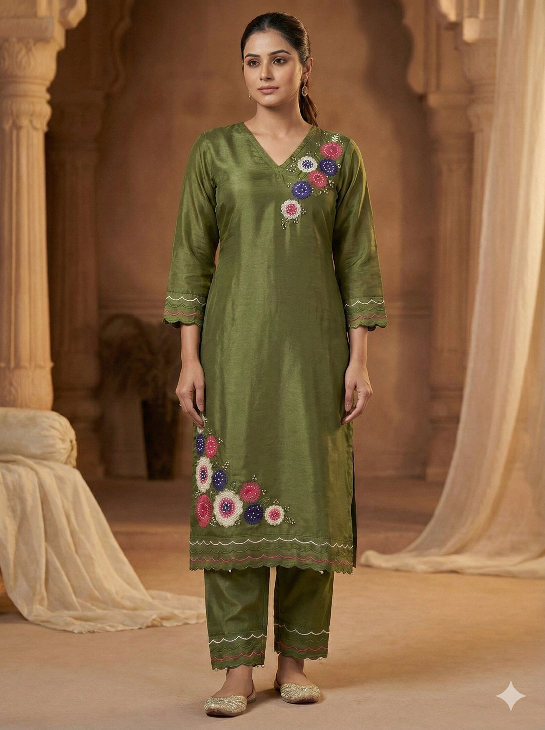 Shimmer Silk Suit with Digital Dupatta, Embroidery & Pearl Handwork – 3 Colors