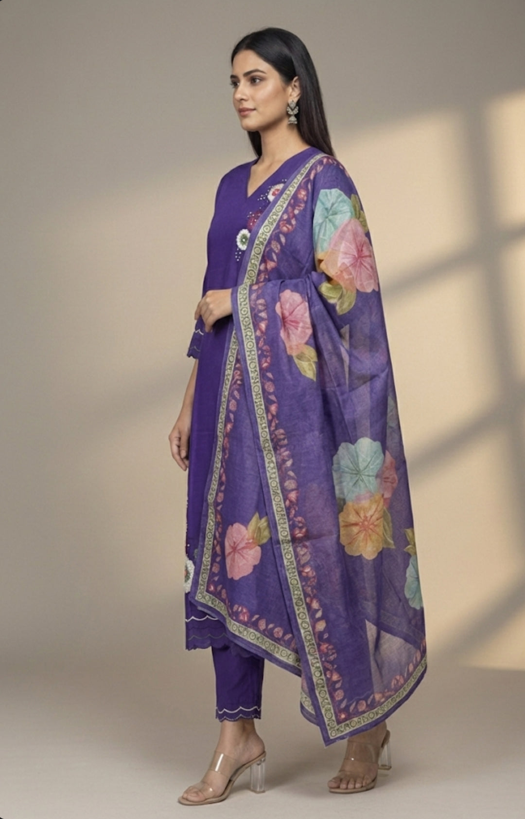 Shimmer Silk Suit with Digital Dupatta, Embroidery & Pearl Handwork – 3 Colors