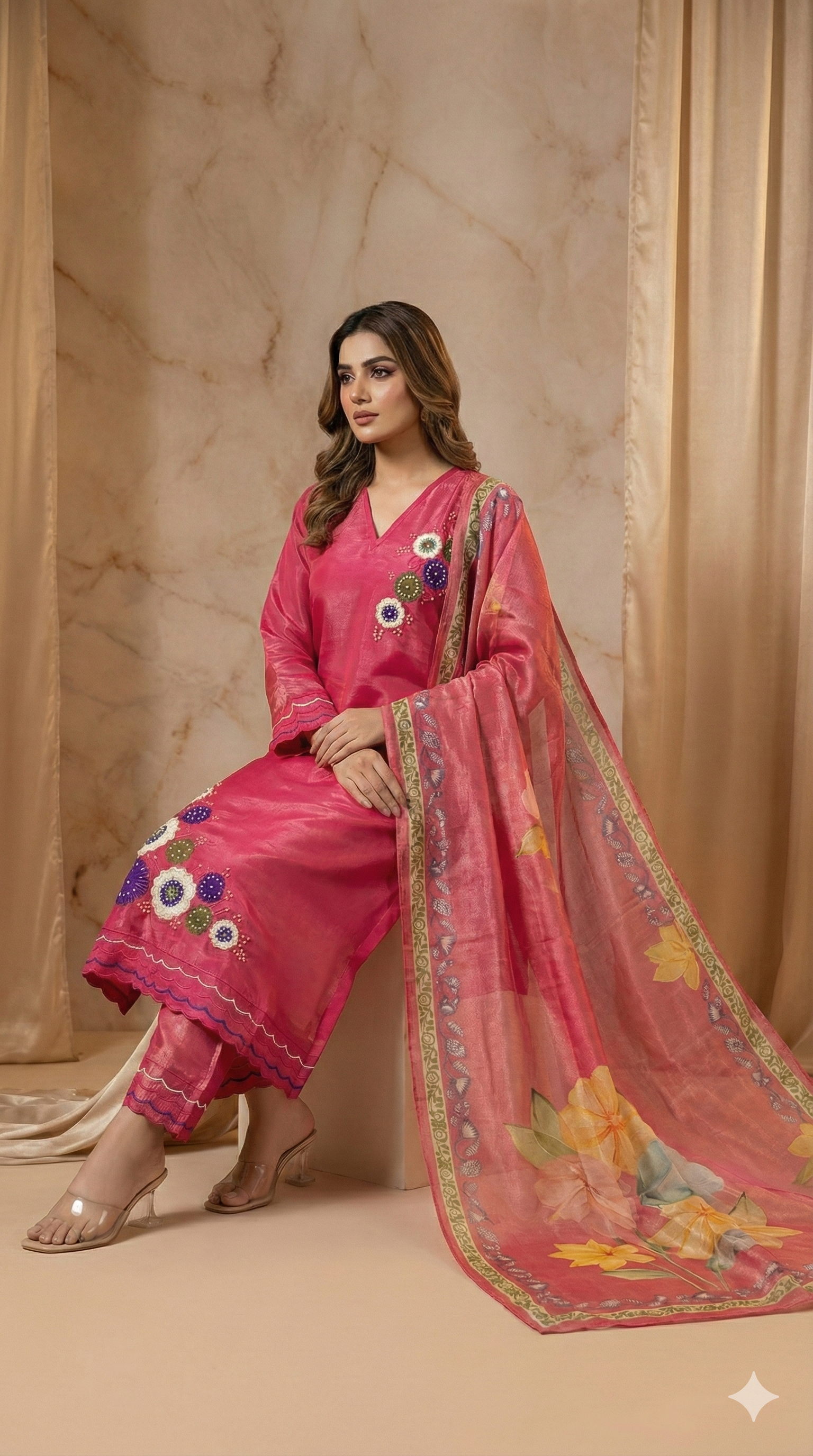 Shimmer Silk Suit with Digital Dupatta, Embroidery & Pearl Handwork – 3 Colors