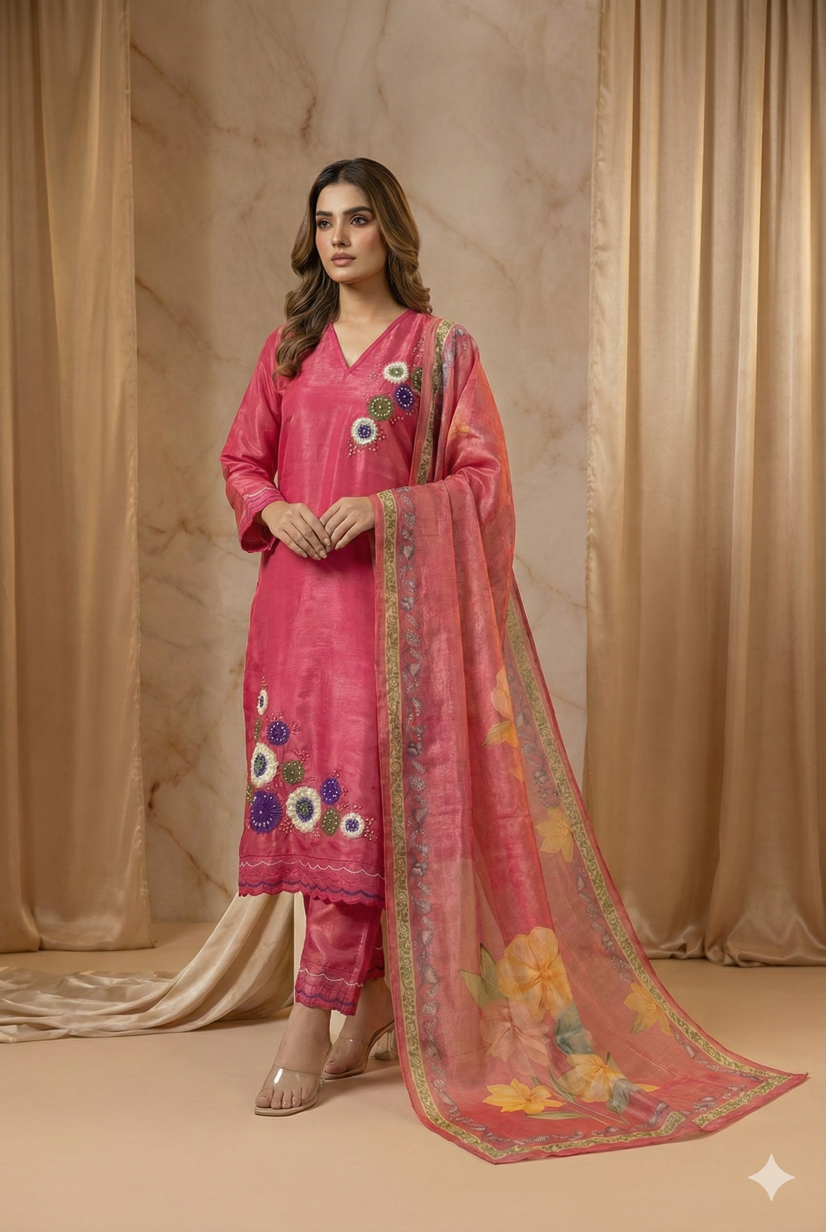Shimmer Silk Suit with Digital Dupatta, Embroidery & Pearl Handwork – 3 Colors