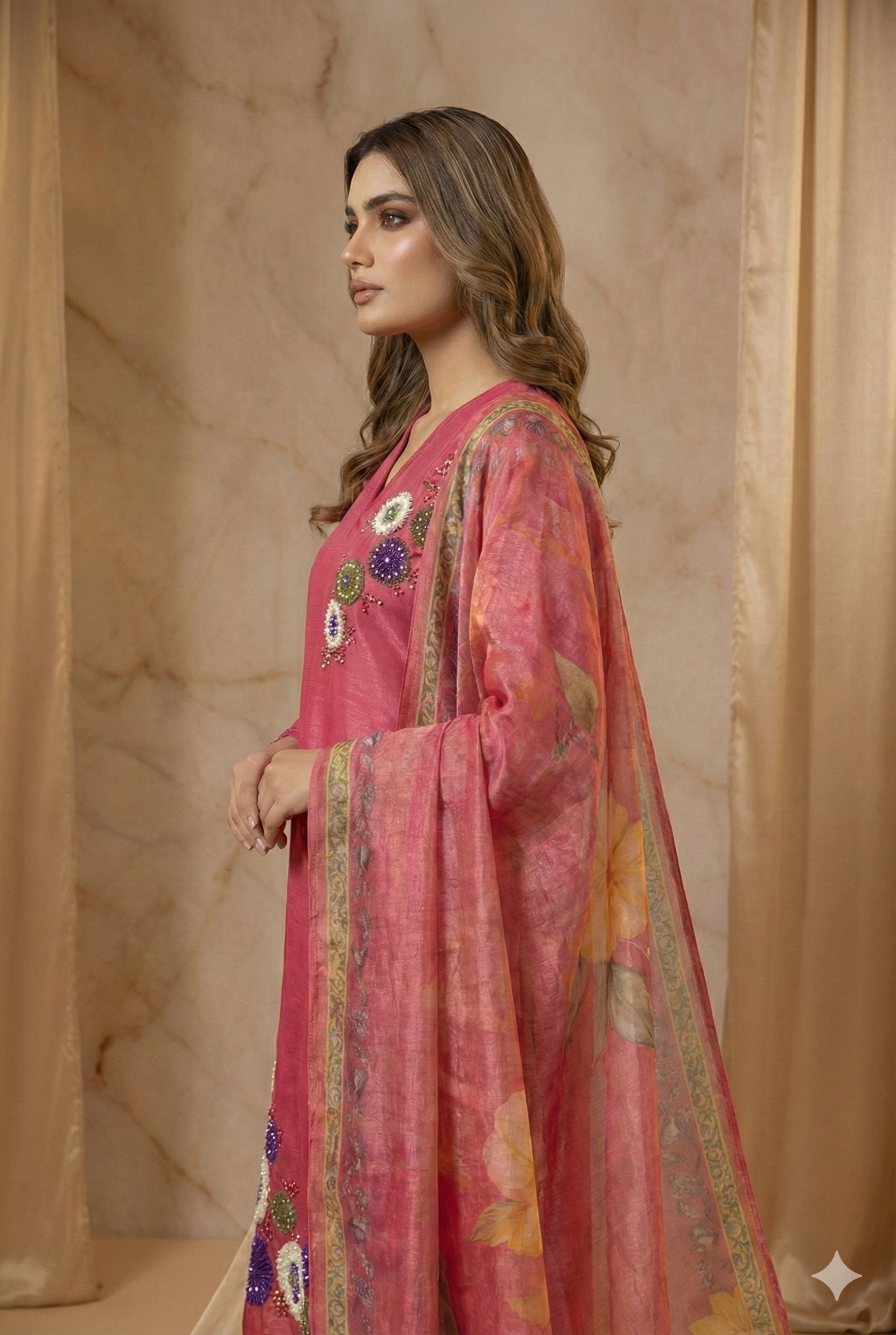 Shimmer Silk Suit with Digital Dupatta, Embroidery & Pearl Handwork – 3 Colors