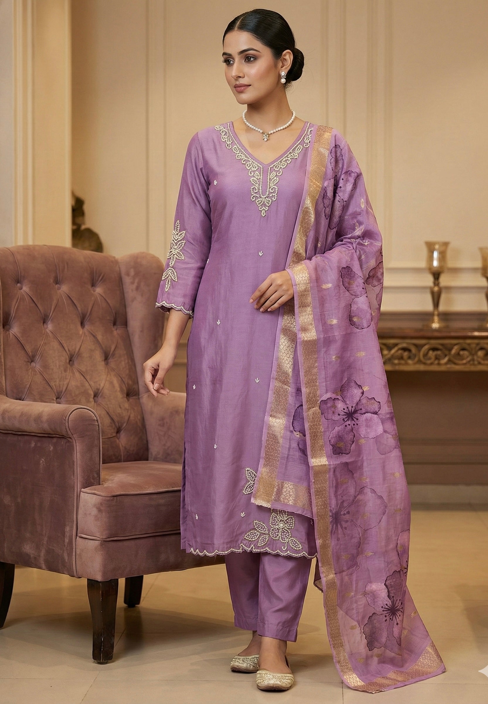 Pure Pearl Handwork Roman Silk Suit Set with Chanderi Dupatta (M-5xl)