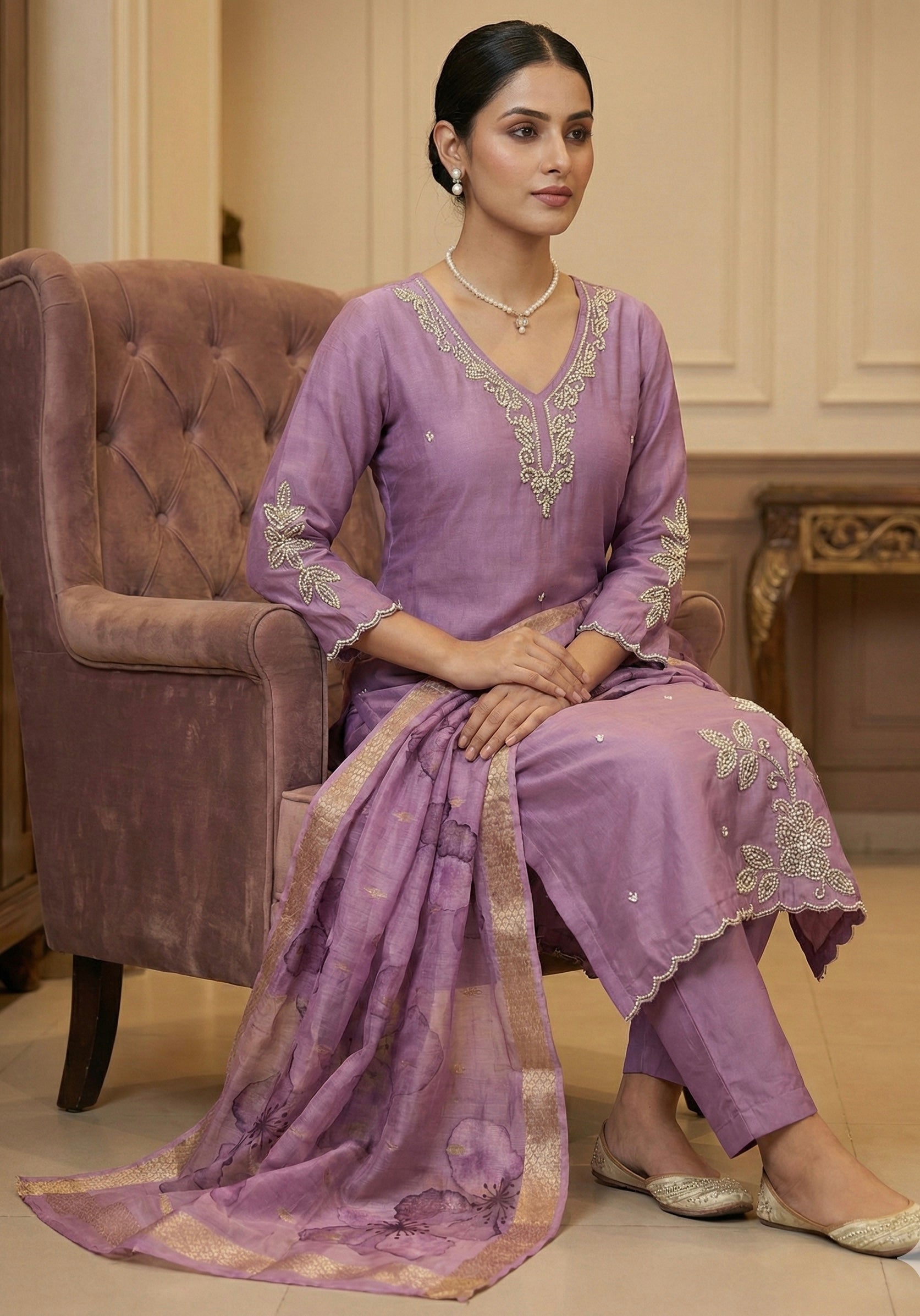 Pure Pearl Handwork Roman Silk Suit Set with Chanderi Dupatta (M-5xl)