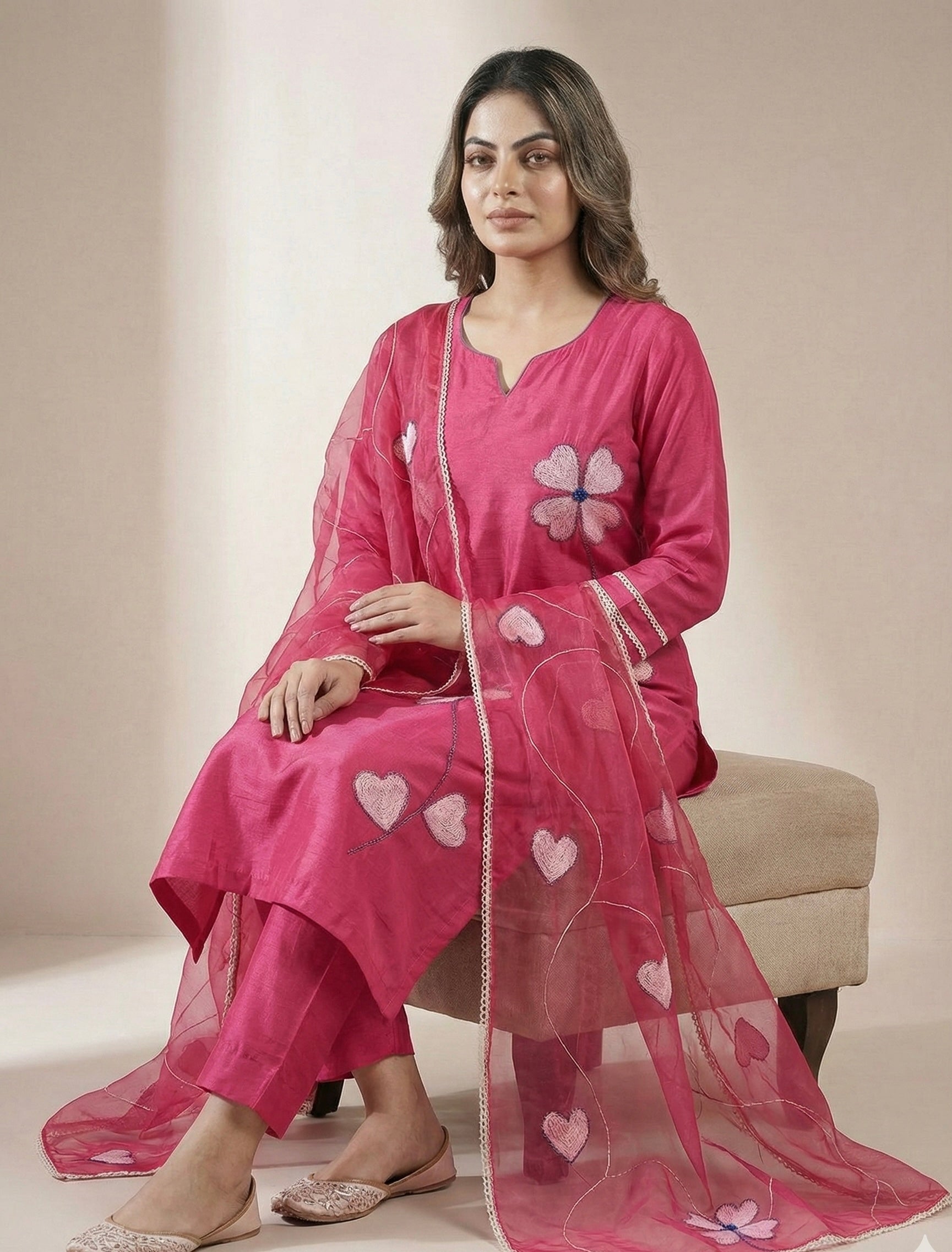 Heart Bloom Suit Set – Roman Silk with Organza Dupatta