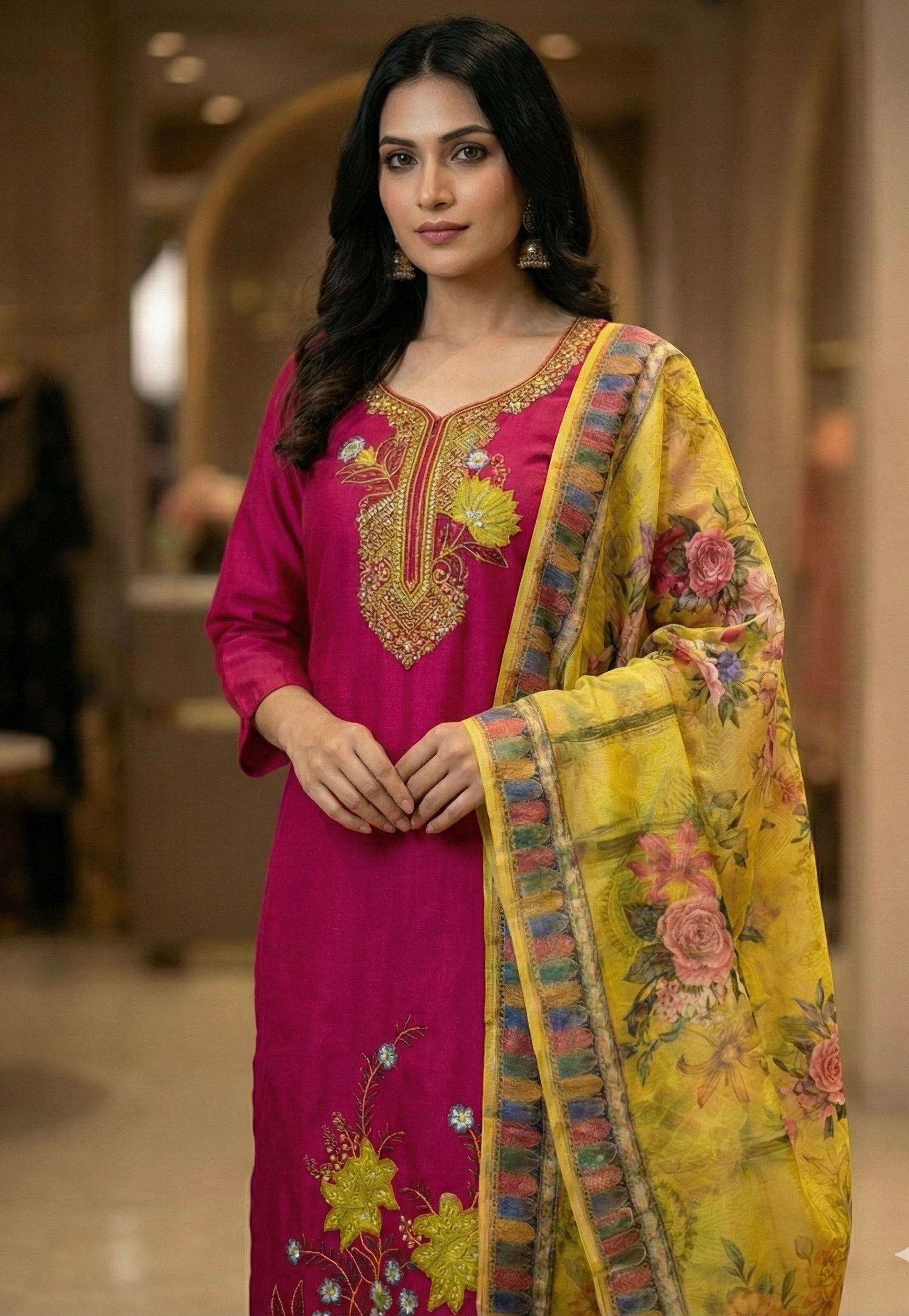 Roman Silk Patch Work Suit with Printed Organza Dupatta