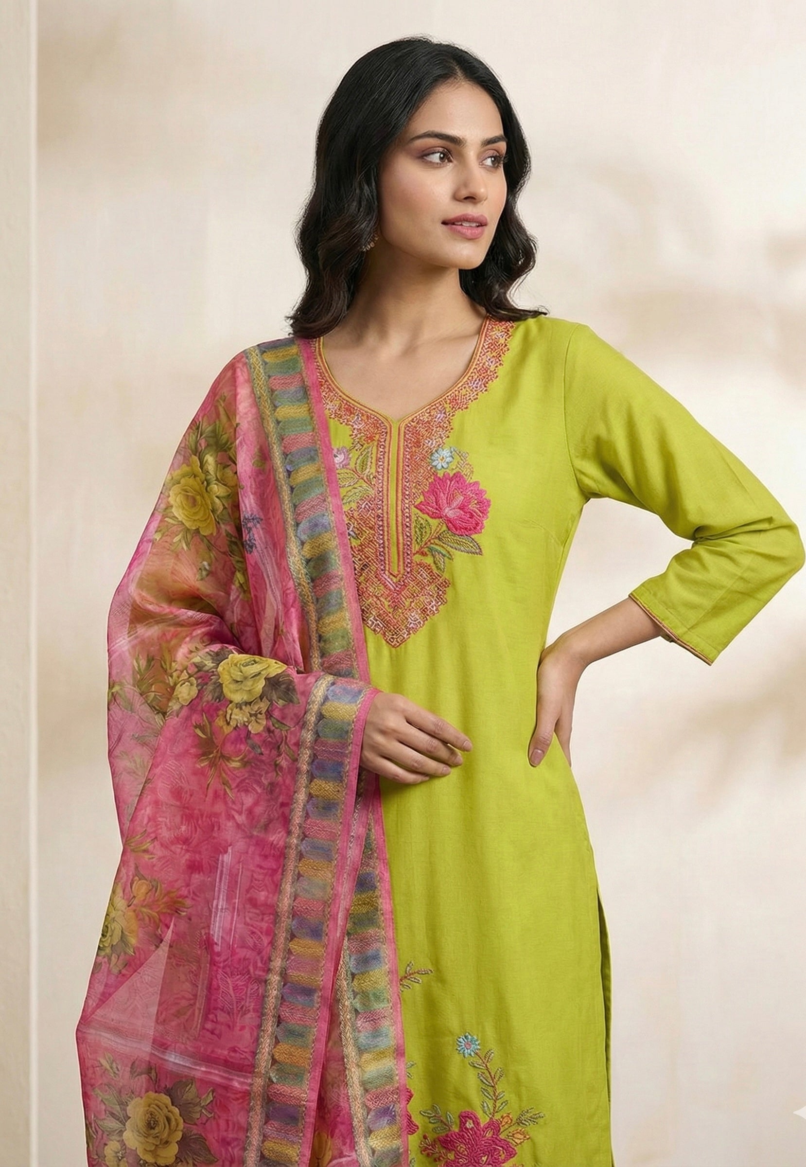 Roman Silk Patch Work Suit with Printed Organza Dupatta