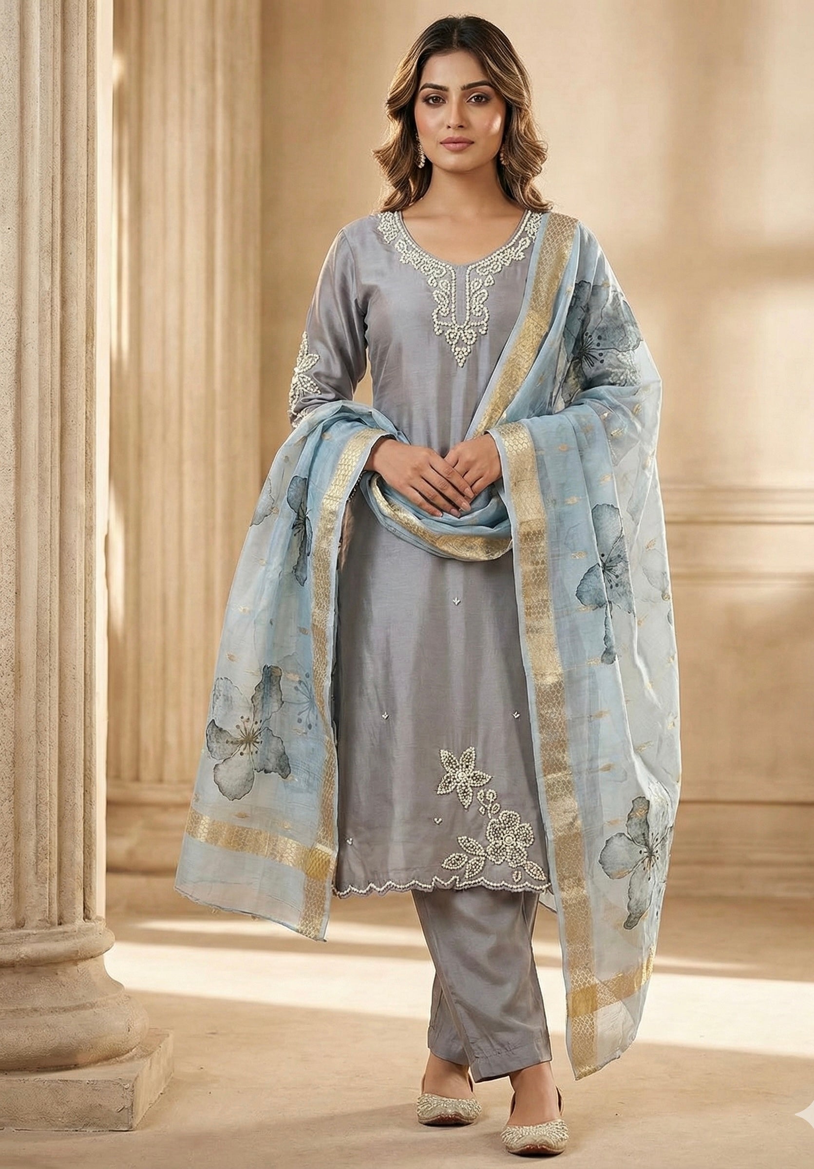 Pure Pearl Handwork Roman Silk Suit Set with Chanderi Dupatta (M-5xl)