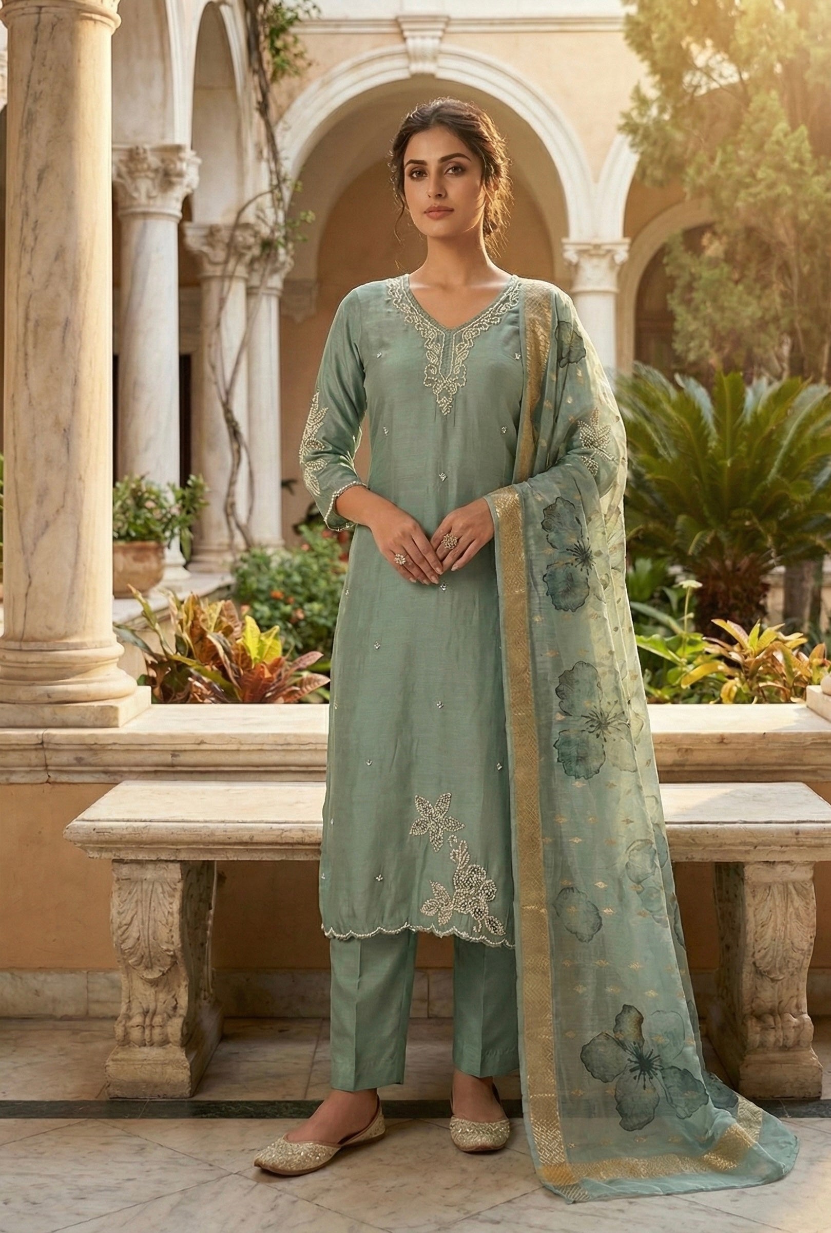 Pure Pearl Handwork Roman Silk Suit Set with Chanderi Dupatta (M-5xl)