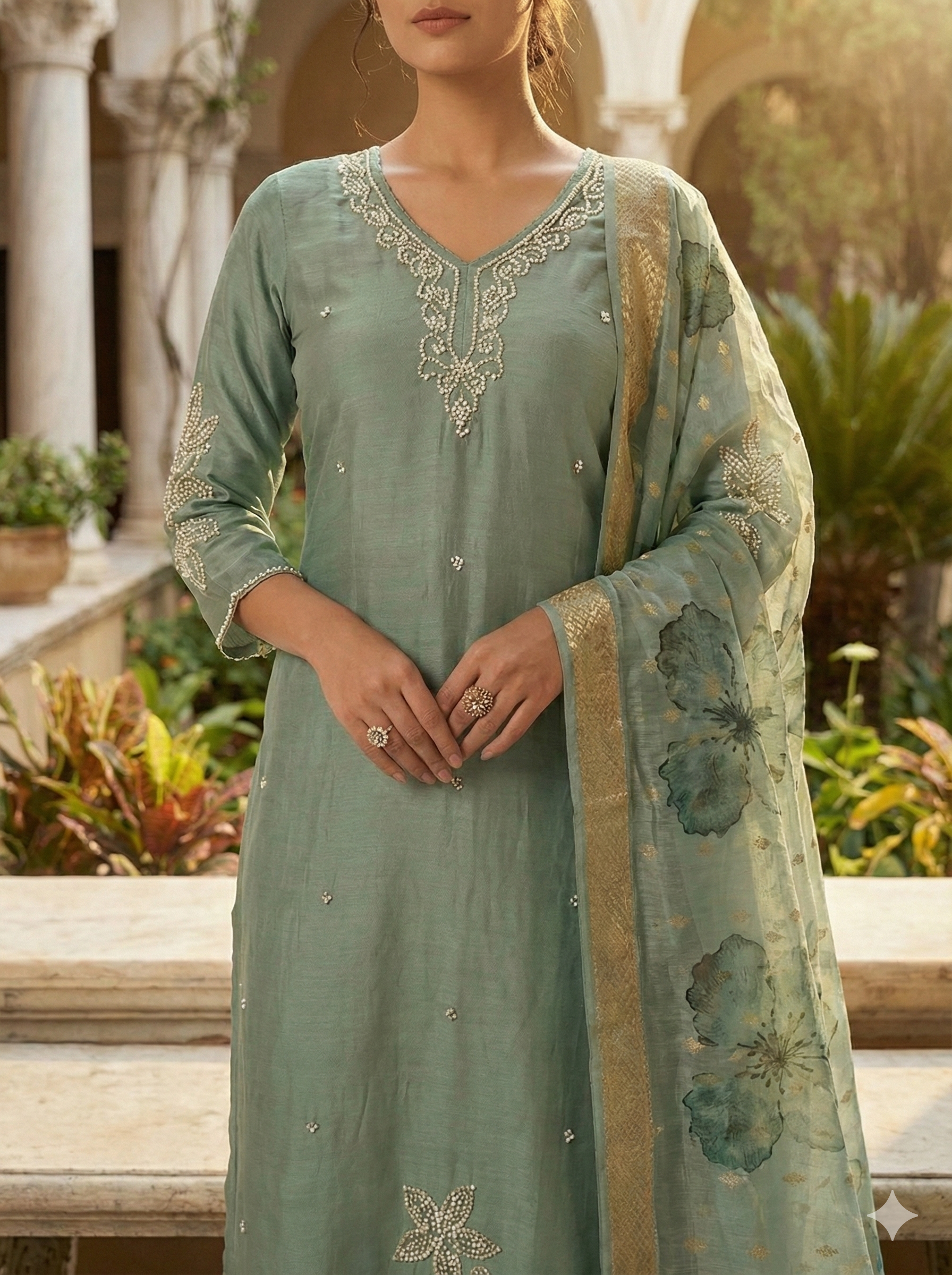 Pure Pearl Handwork Roman Silk Suit Set with Chanderi Dupatta (M-5xl)