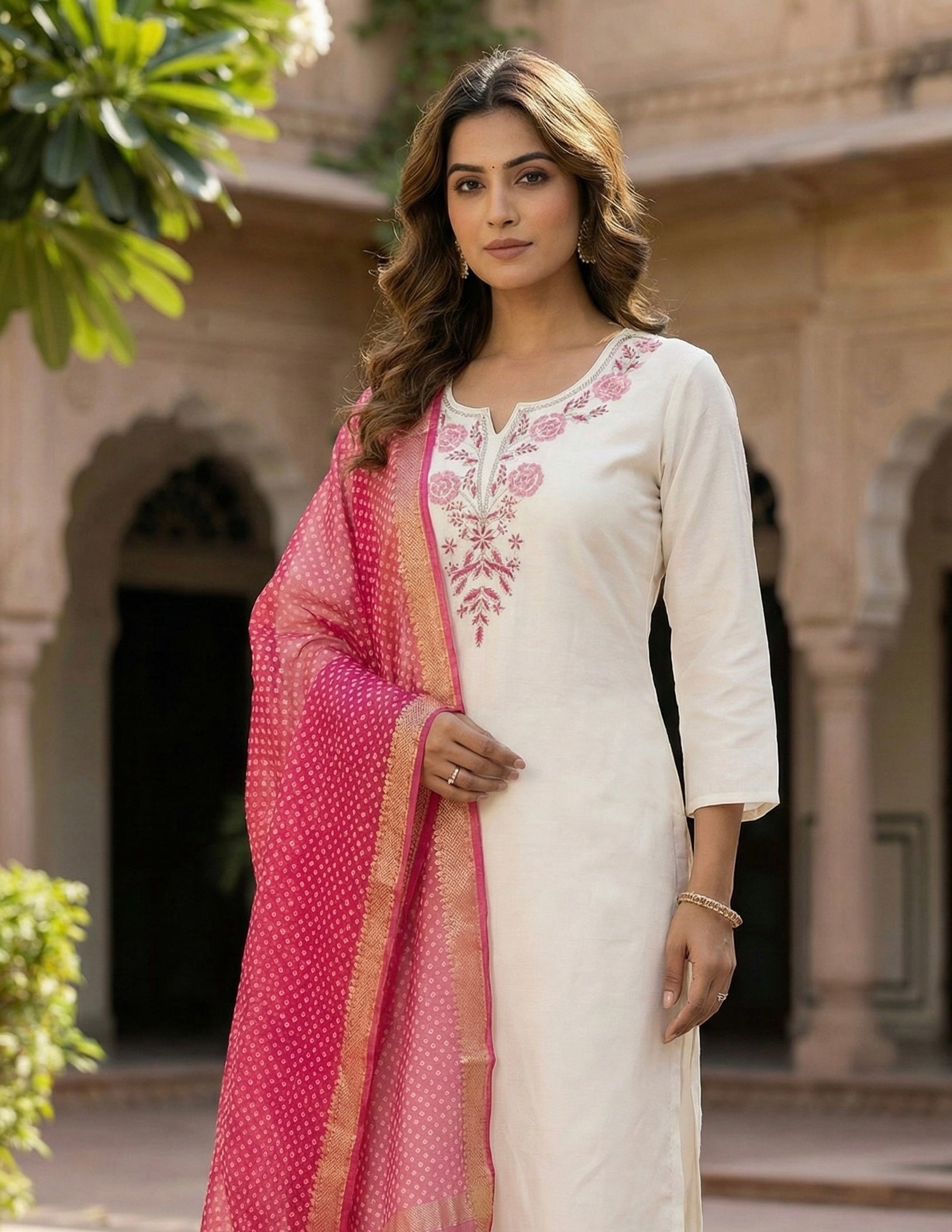 Roman Silk Handwork Suit Set with Bandhani Organza Dupatta (M to 5XL)