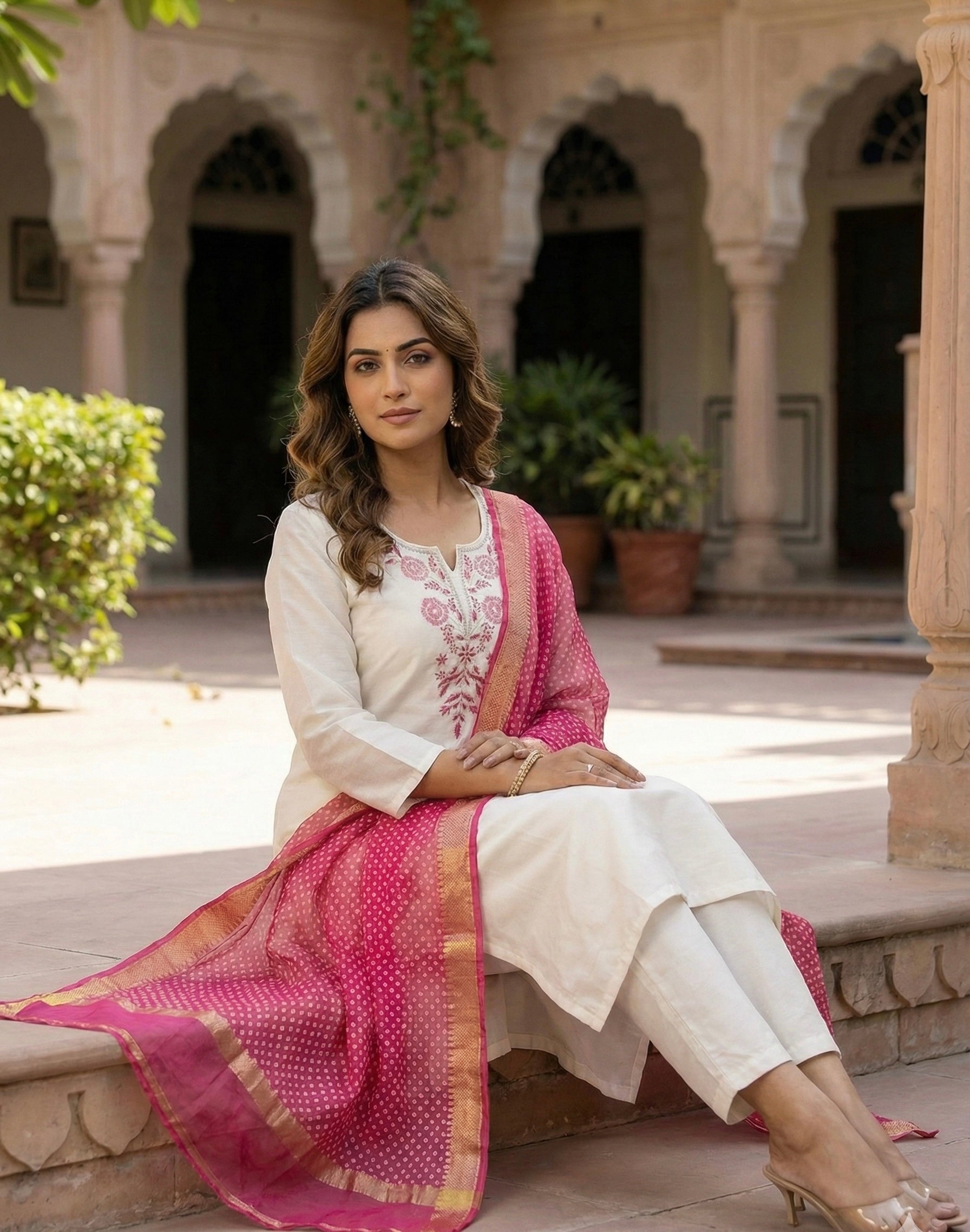 Roman Silk Handwork Suit Set with Bandhani Organza Dupatta (M to 5XL)