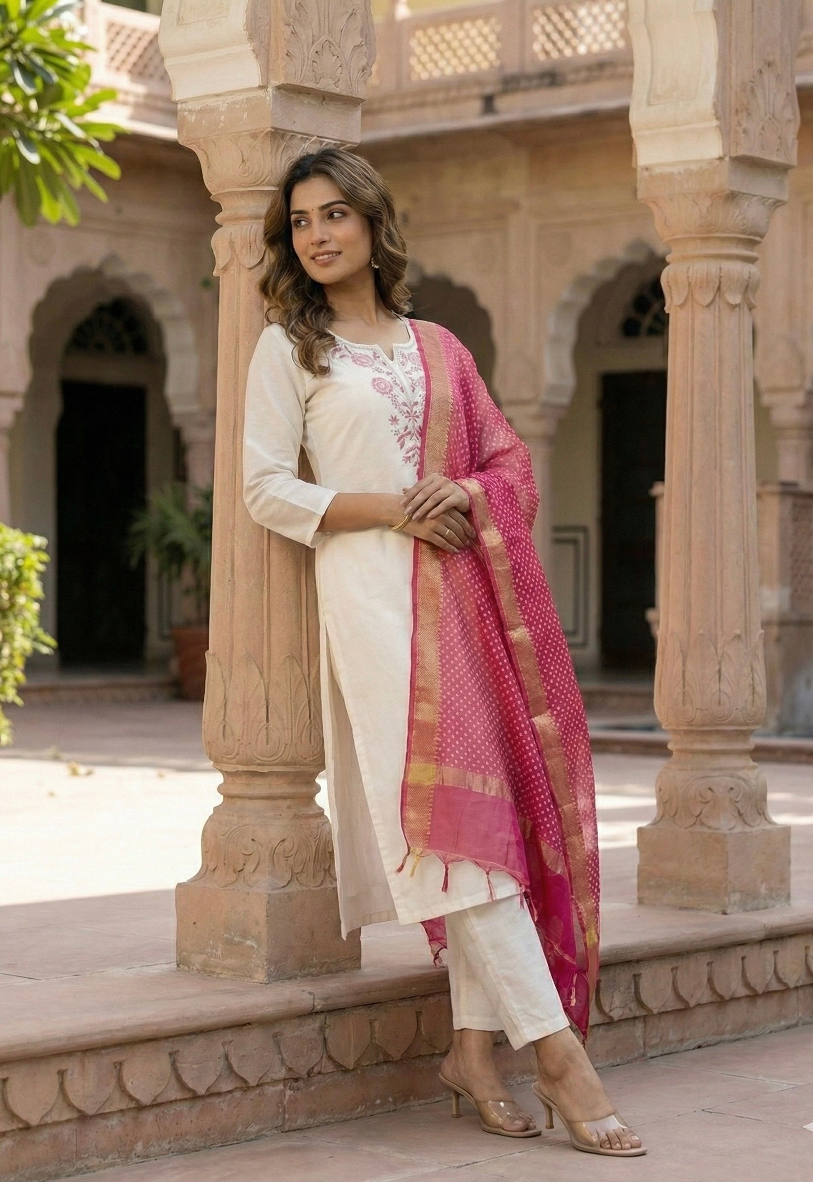 Roman Silk Handwork Suit Set with Bandhani Organza Dupatta (M to 5XL)