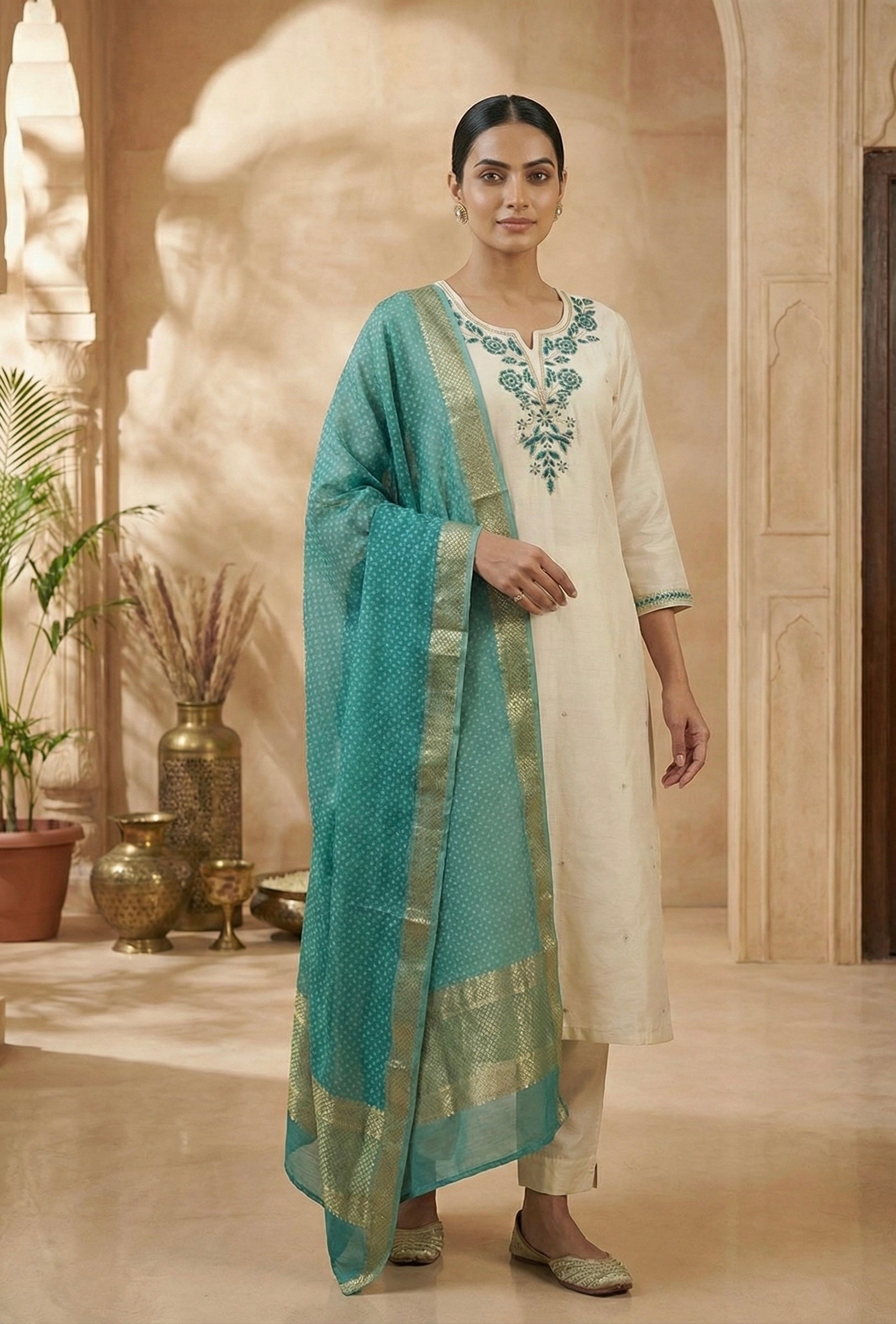 Roman Silk Handwork Suit Set with Bandhani Organza Dupatta (M to 5XL)