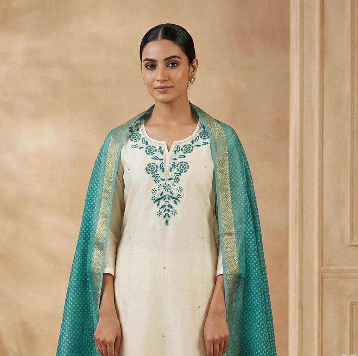 Roman Silk Handwork Suit Set with Bandhani Organza Dupatta (M to 5XL)