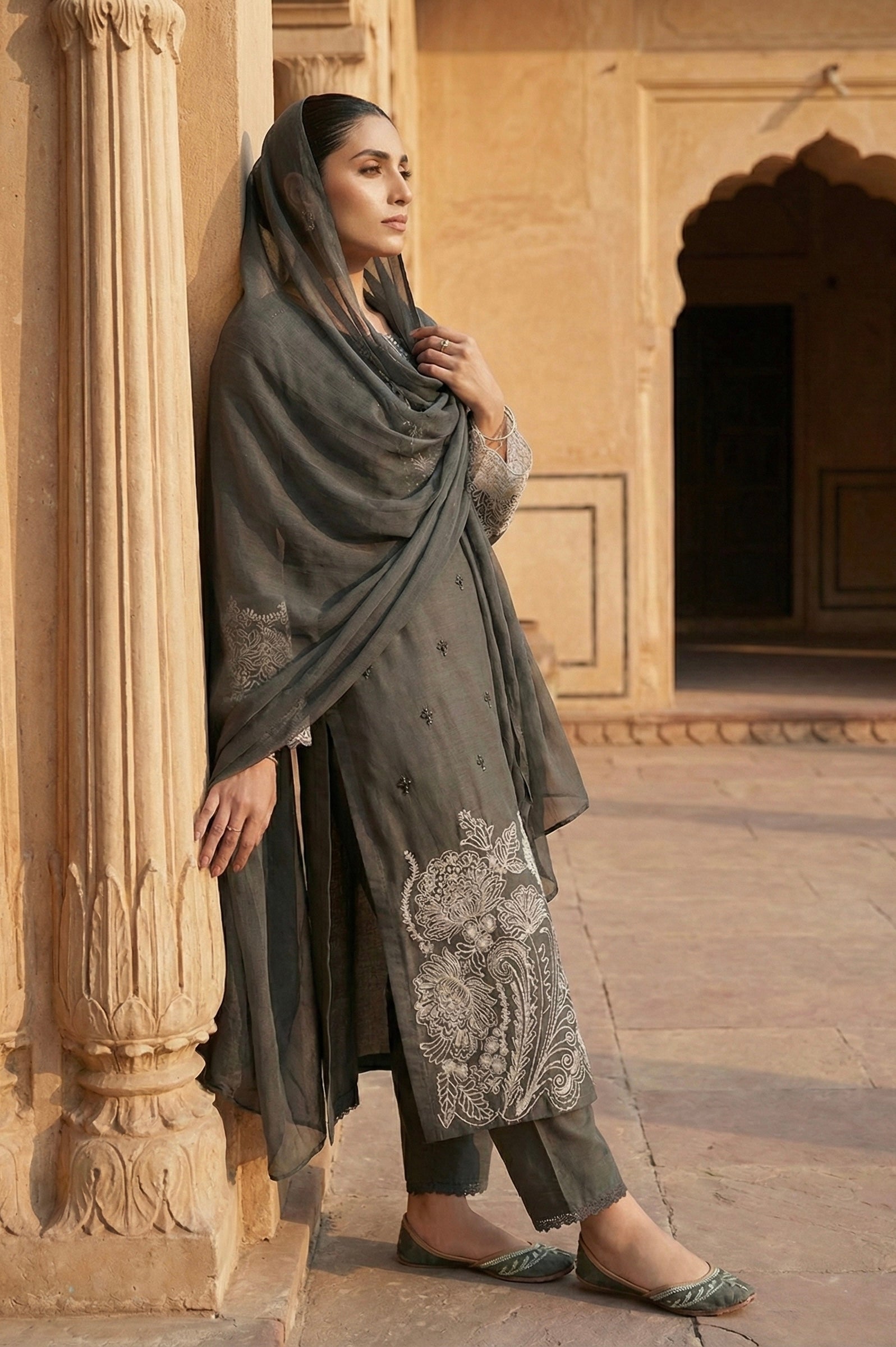 Embroidered Roman Silk Suit Set with Organza Sleeves & Cotton Naznin Dupatta – Signature