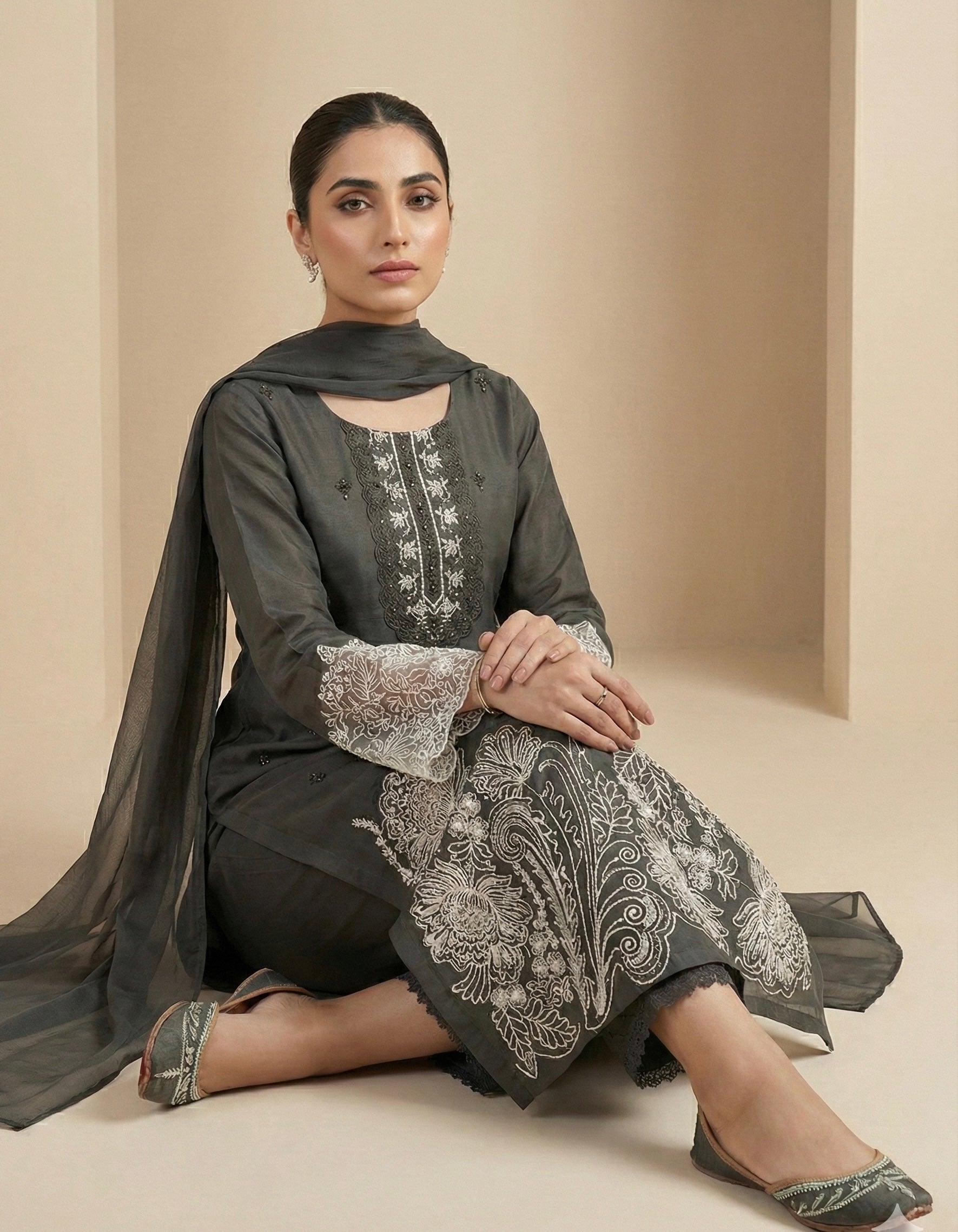 Embroidered Roman Silk Suit Set with Organza Sleeves & Cotton Naznin Dupatta – Signature