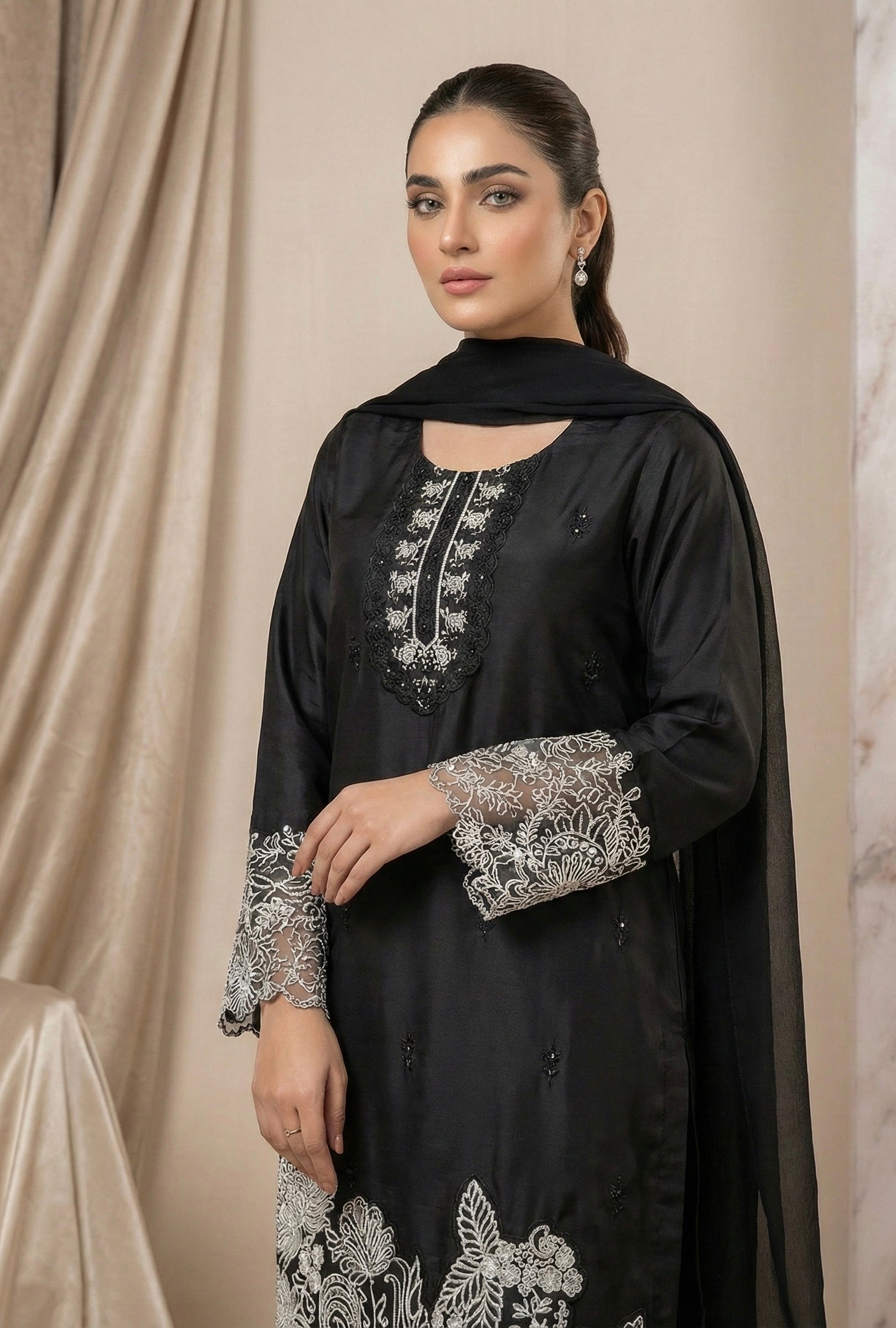 Embroidered Roman Silk Suit Set with Organza Sleeves & Cotton Naznin Dupatta – Signature