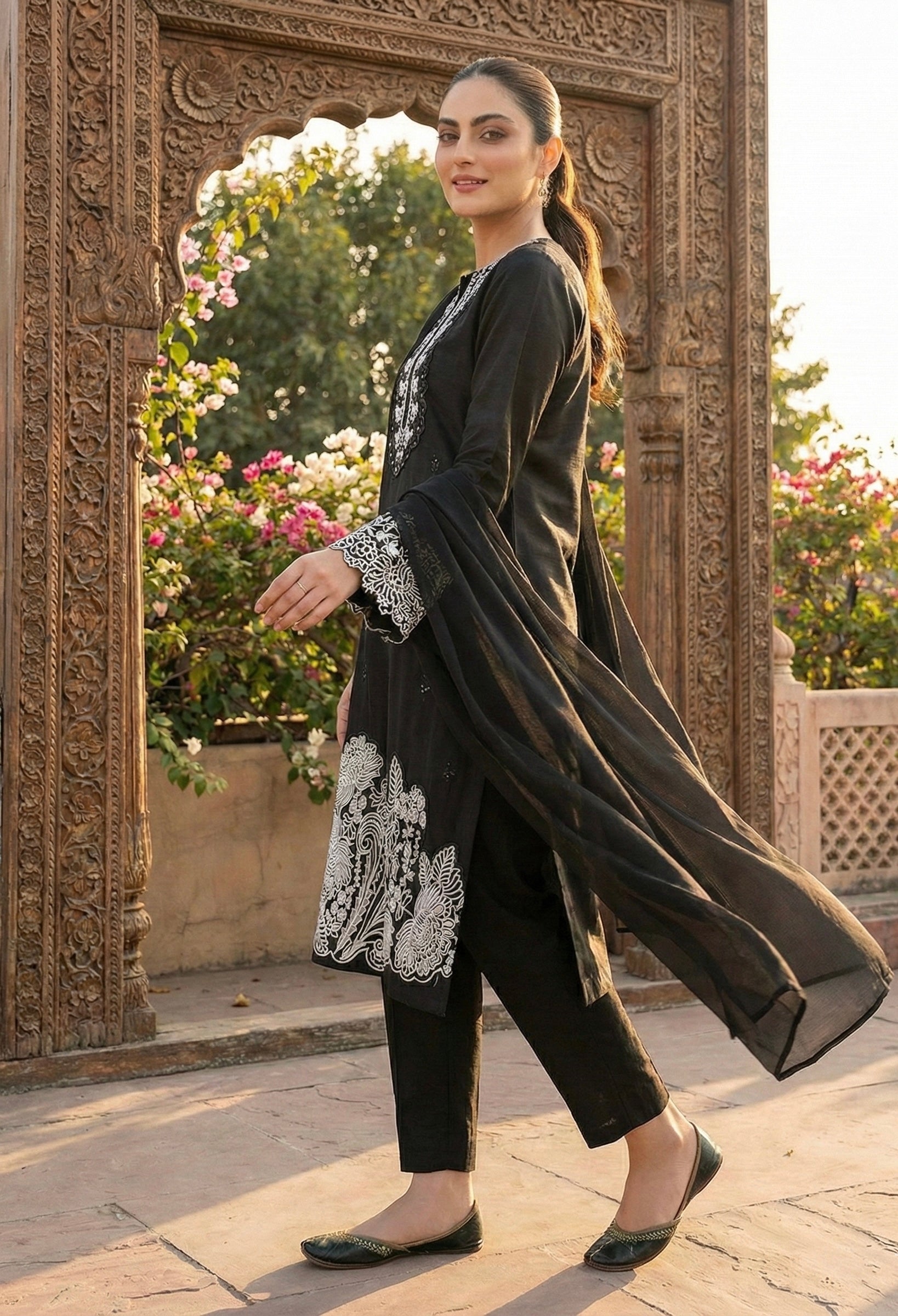 Embroidered Roman Silk Suit Set with Organza Sleeves & Cotton Naznin Dupatta – Signature