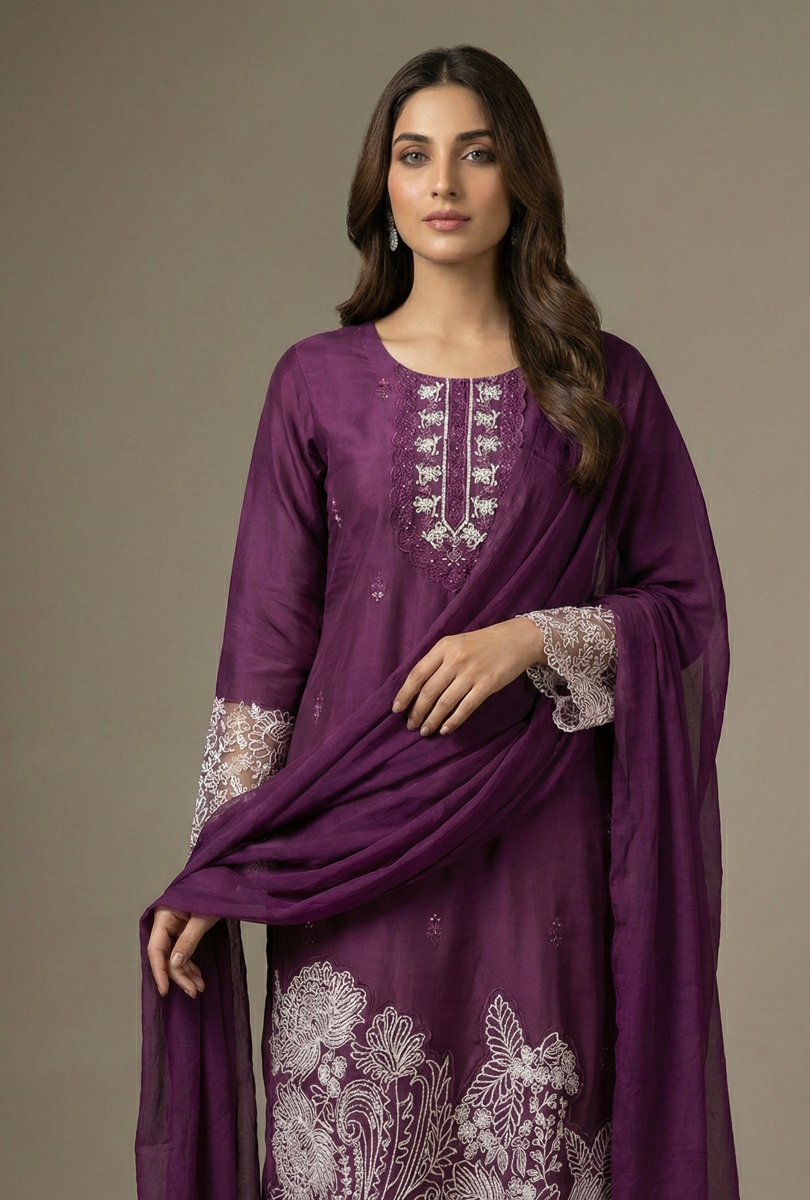 Embroidered Roman Silk Suit Set with Organza Sleeves & Cotton Naznin Dupatta – Signature