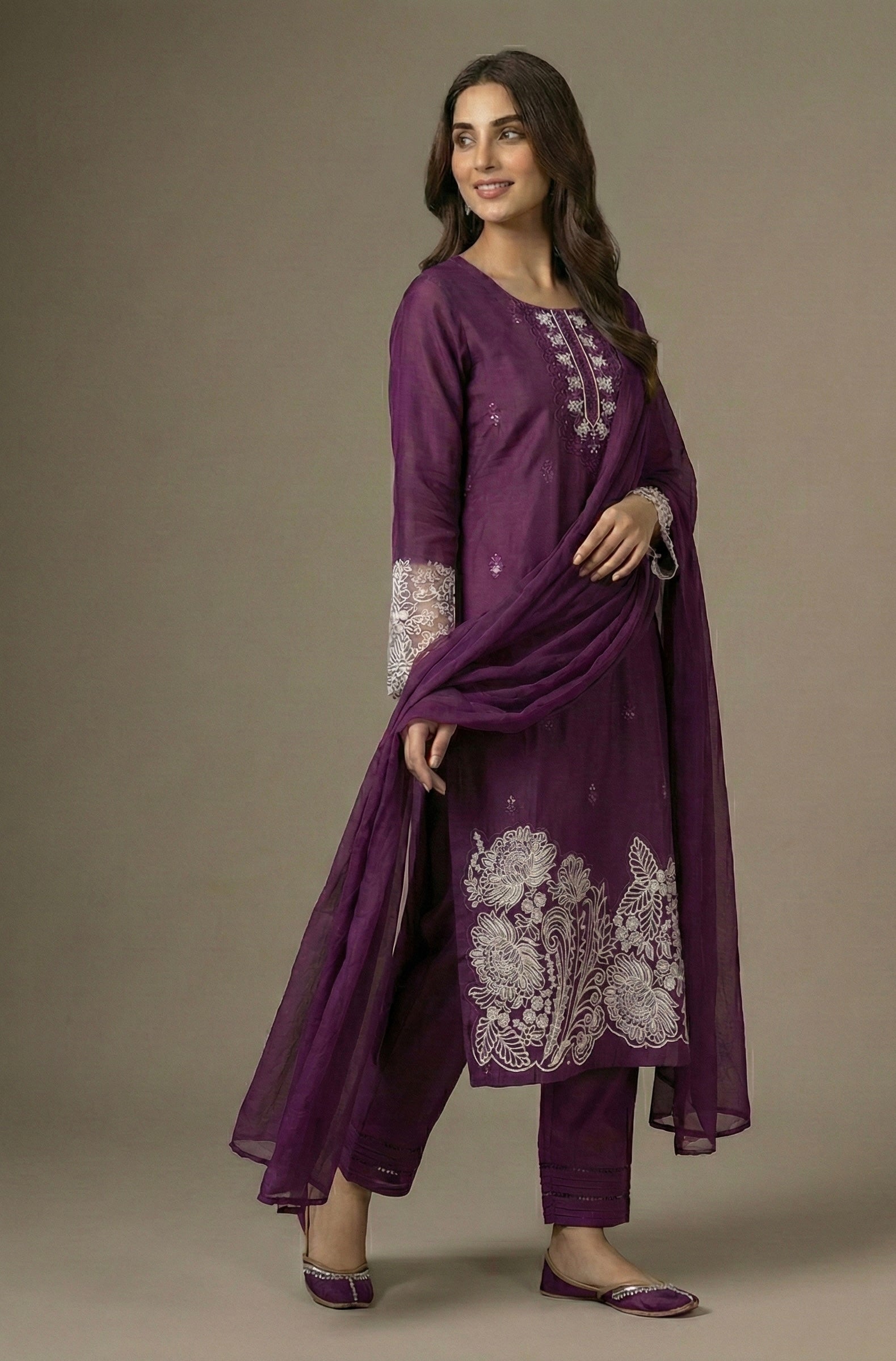 Embroidered Roman Silk Suit Set with Organza Sleeves & Cotton Naznin Dupatta – Signature