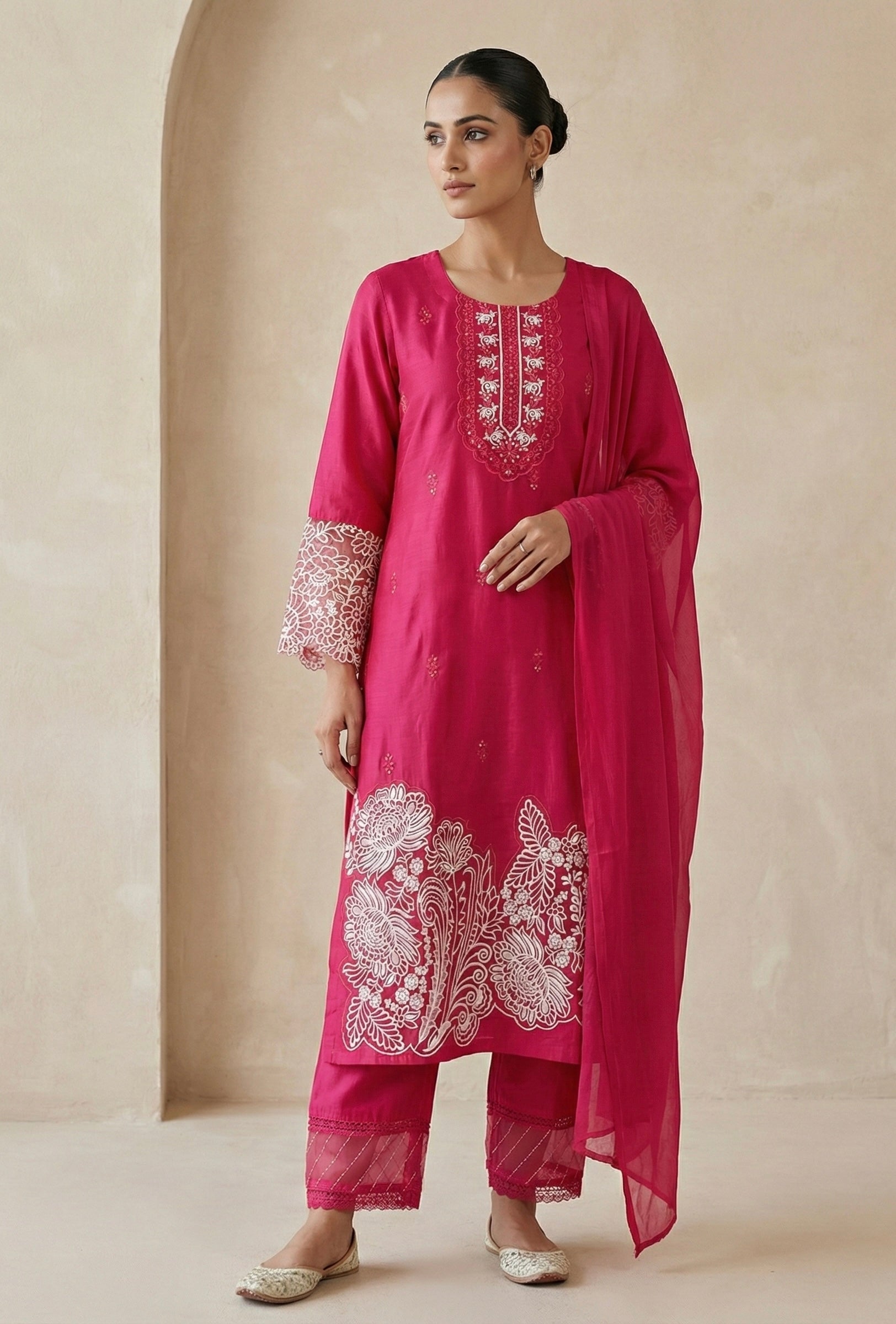 Embroidered Roman Silk Suit Set with Organza Sleeves & Cotton Naznin Dupatta – Signature