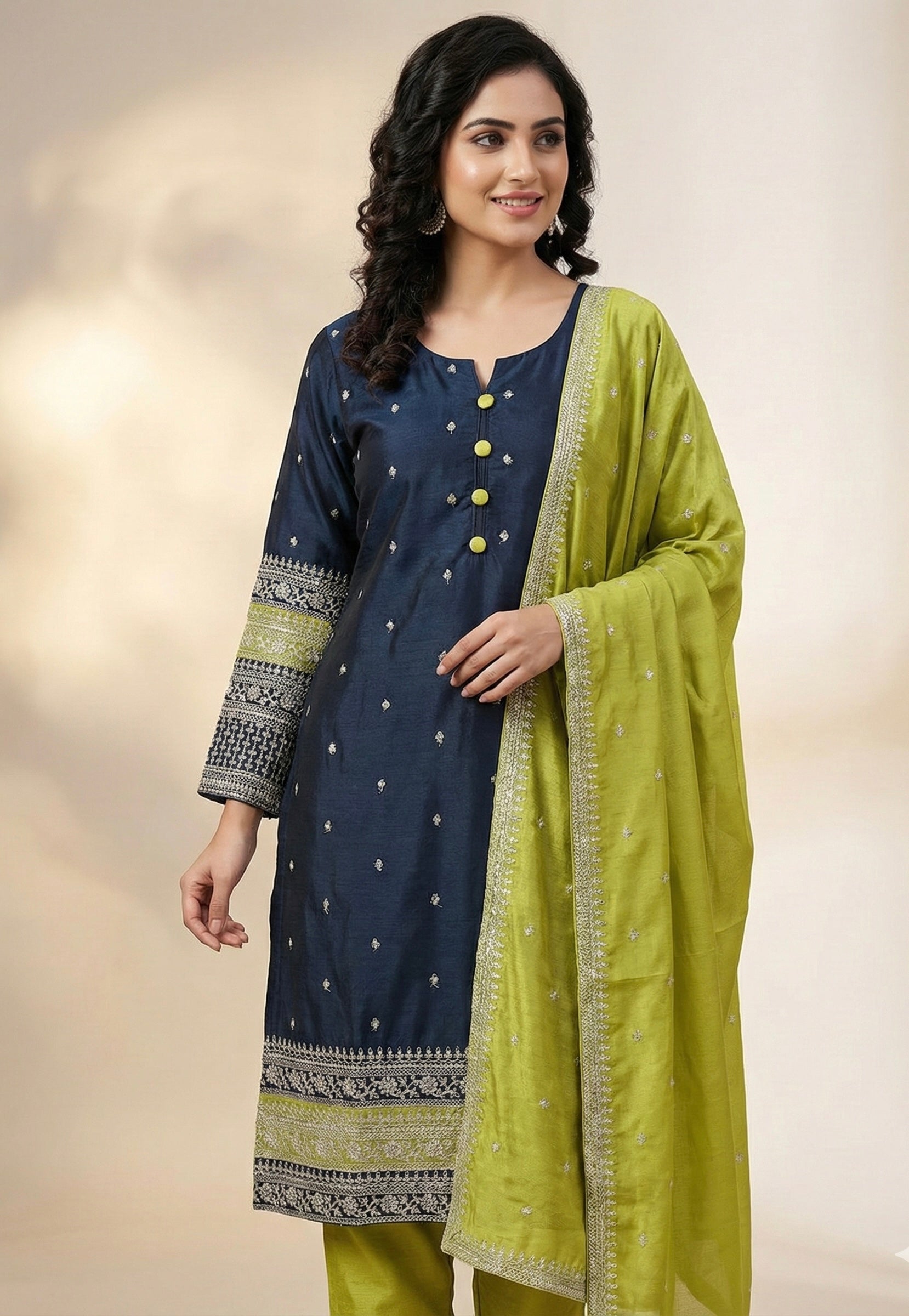 Vichitra Silk Suit Set with Embellished Kurta & Matching Dupatta – Dual Shades