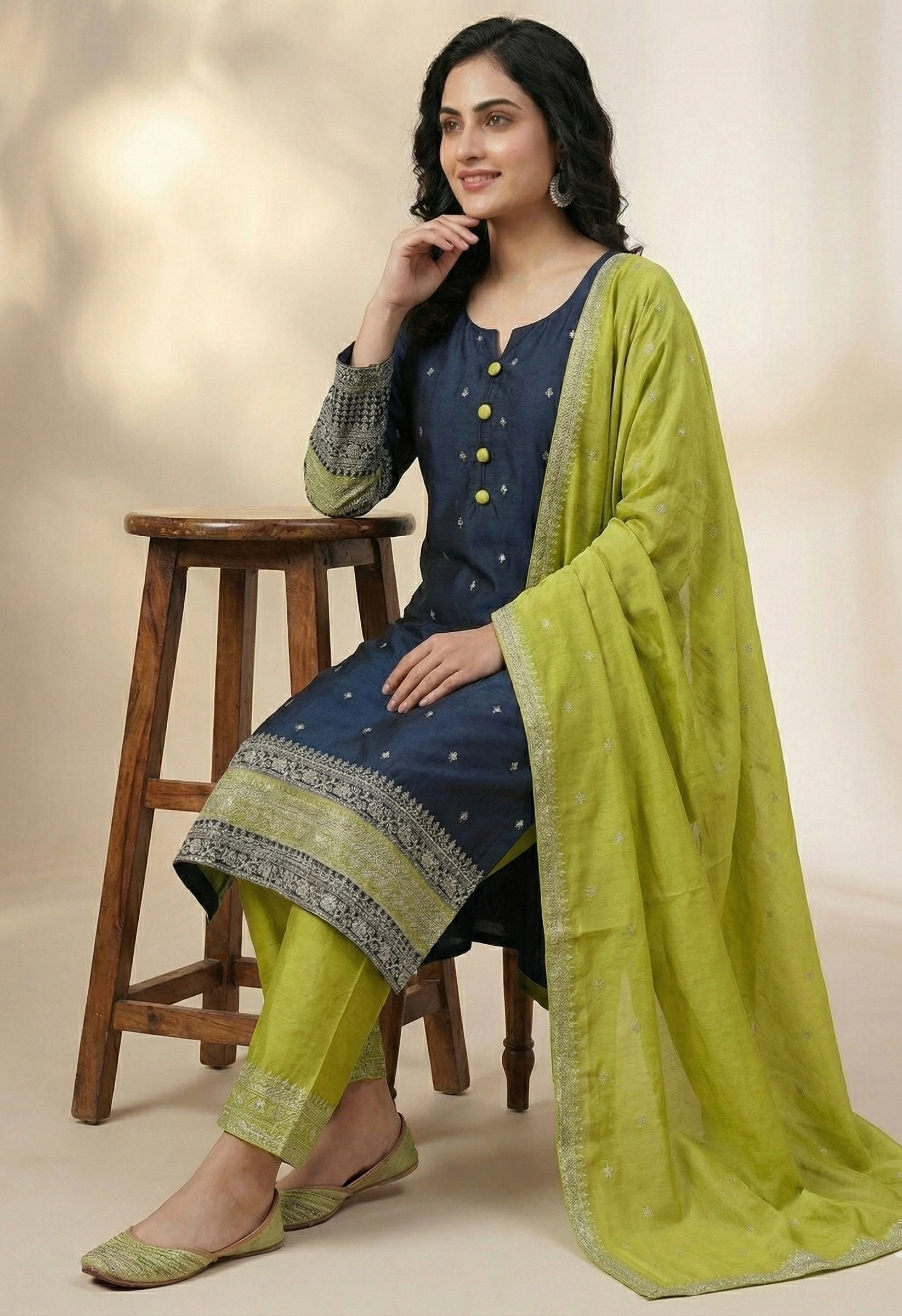 Vichitra Silk Suit Set with Embellished Kurta & Matching Dupatta – Dual Shades