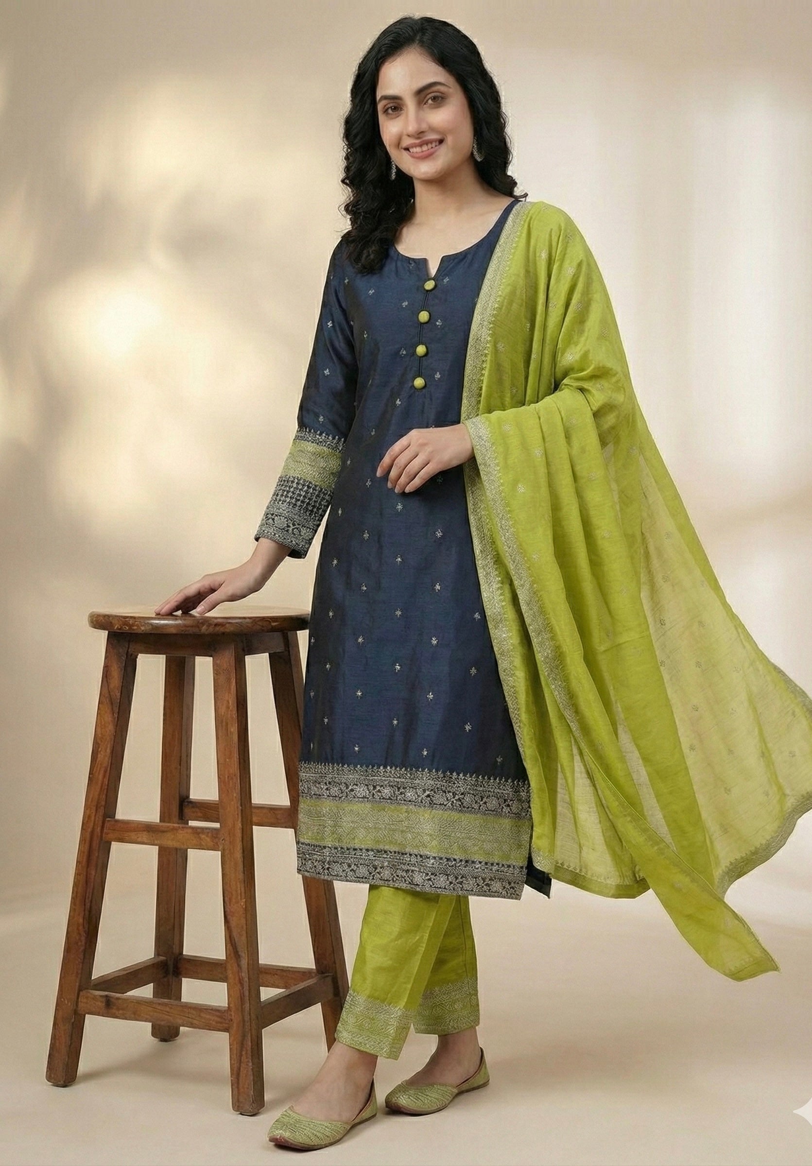 Vichitra Silk Suit Set with Embellished Kurta & Matching Dupatta – Dual Shades