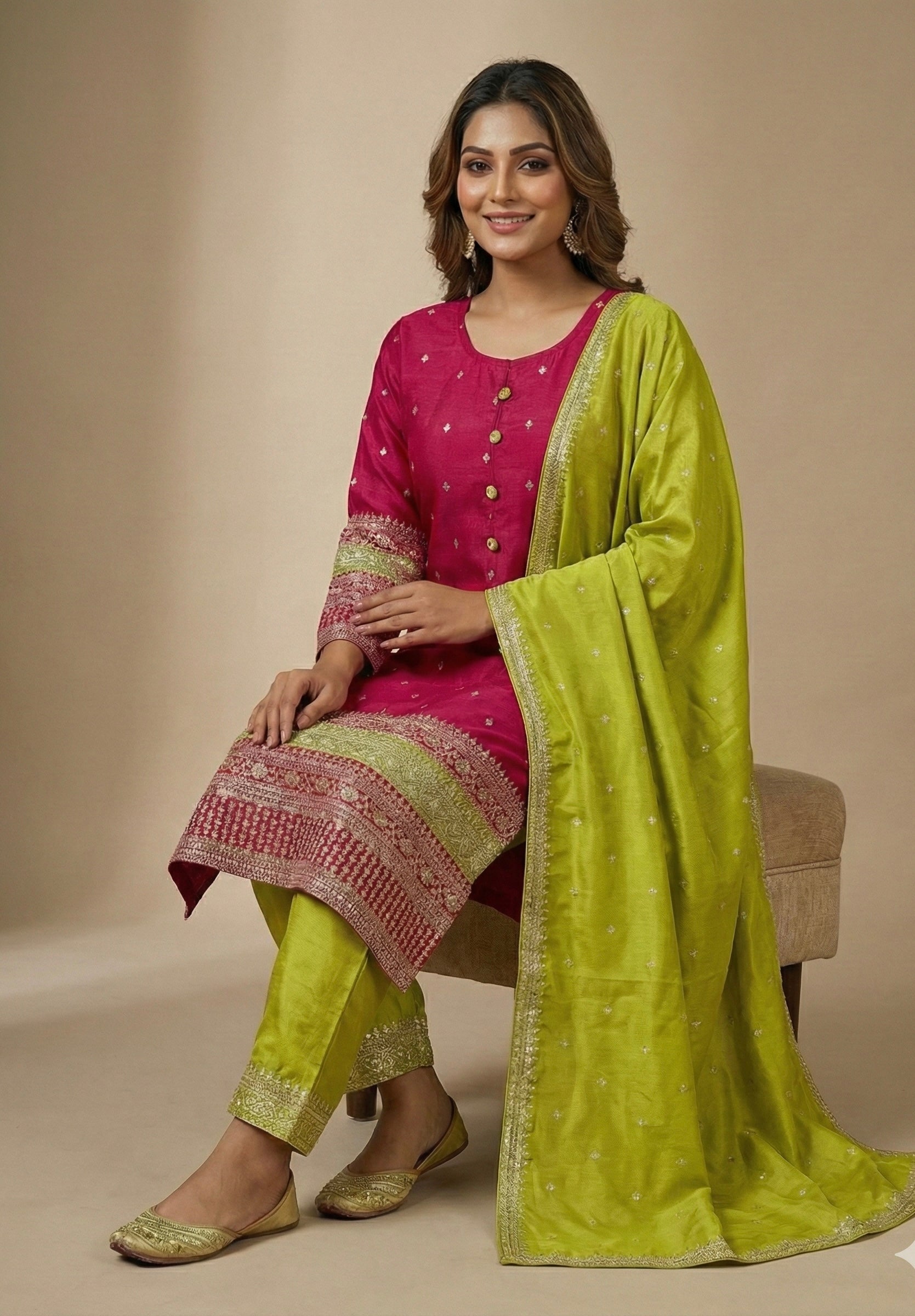 Vichitra Silk Suit Set with Embellished Kurta & Matching Dupatta – Dual Shades