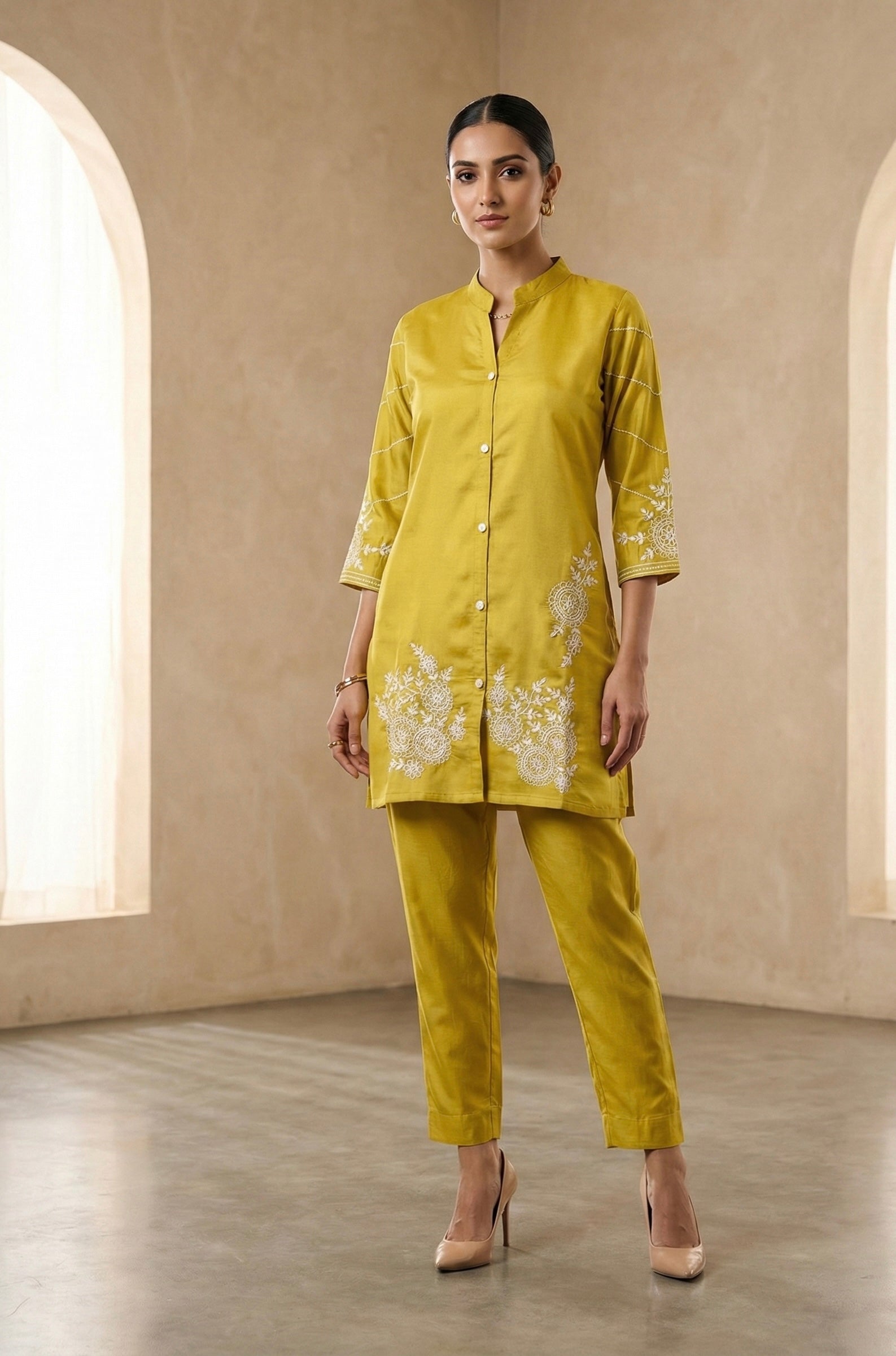 Elegant Embroidered Co-ord Set in Roman Silk – Pink | Yellow