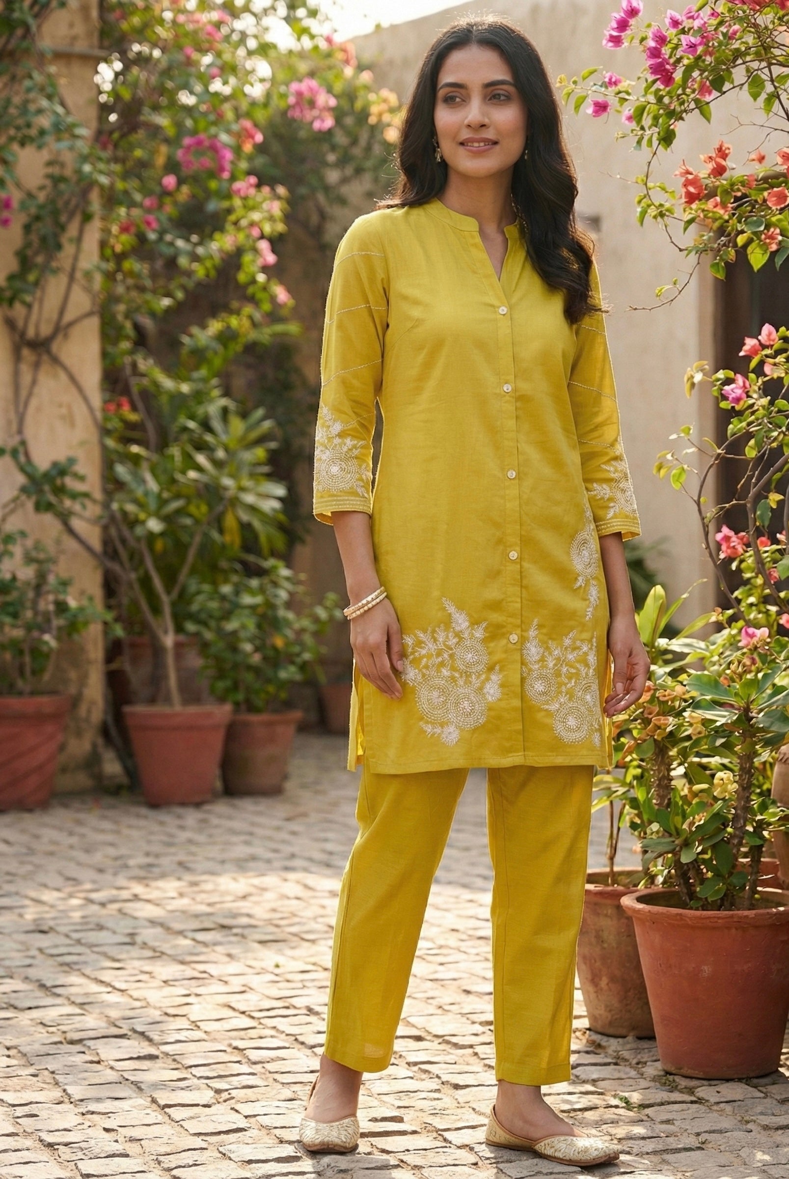 Elegant Embroidered Co-ord Set in Roman Silk – Pink | Yellow
