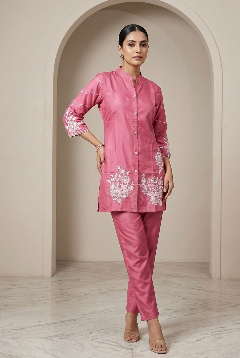 Elegant Embroidered Co-ord Set in Roman Silk – Pink | Yellow