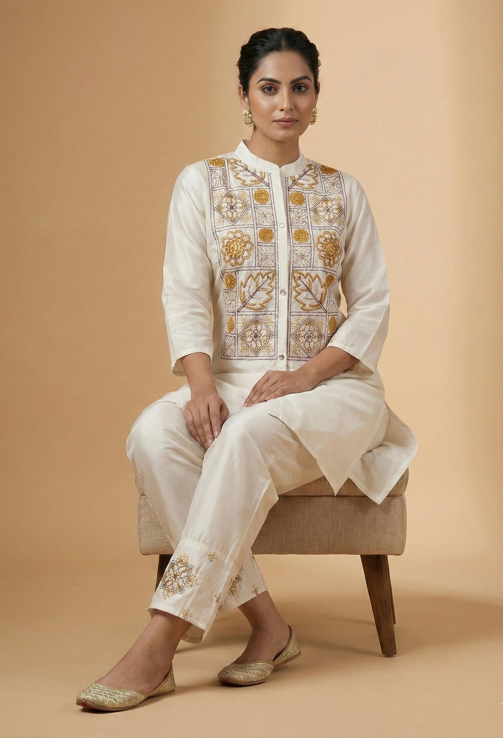 Floral Tile Embroidered Co-ord Set in Roman Silk