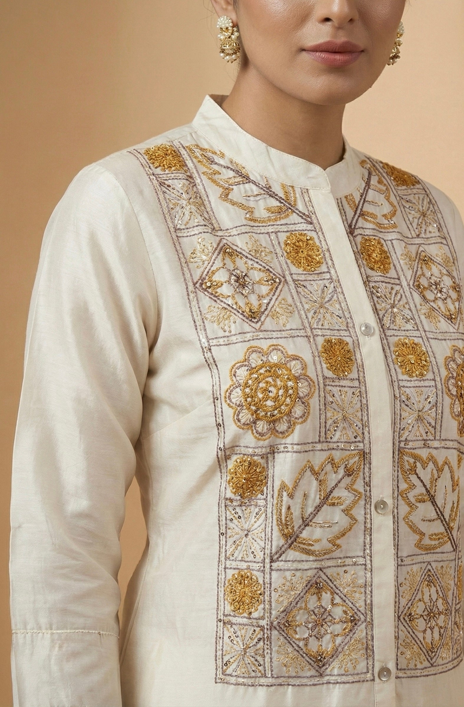 Floral Tile Embroidered Co-ord Set in Roman Silk