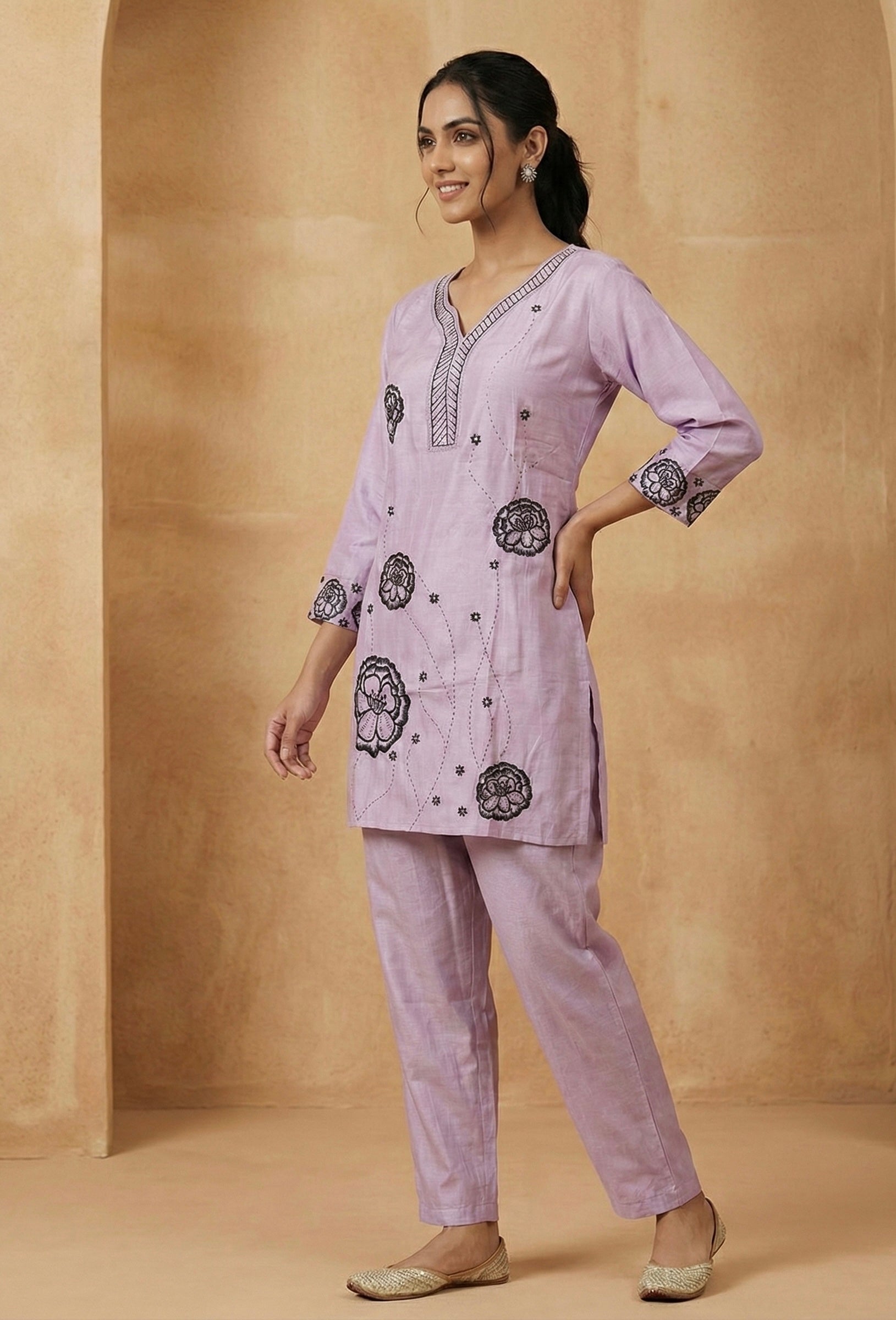 Zoya Bloom Embroidered Coord Set – Veticaan Fabric (Lilac Petal & Mist Blue)