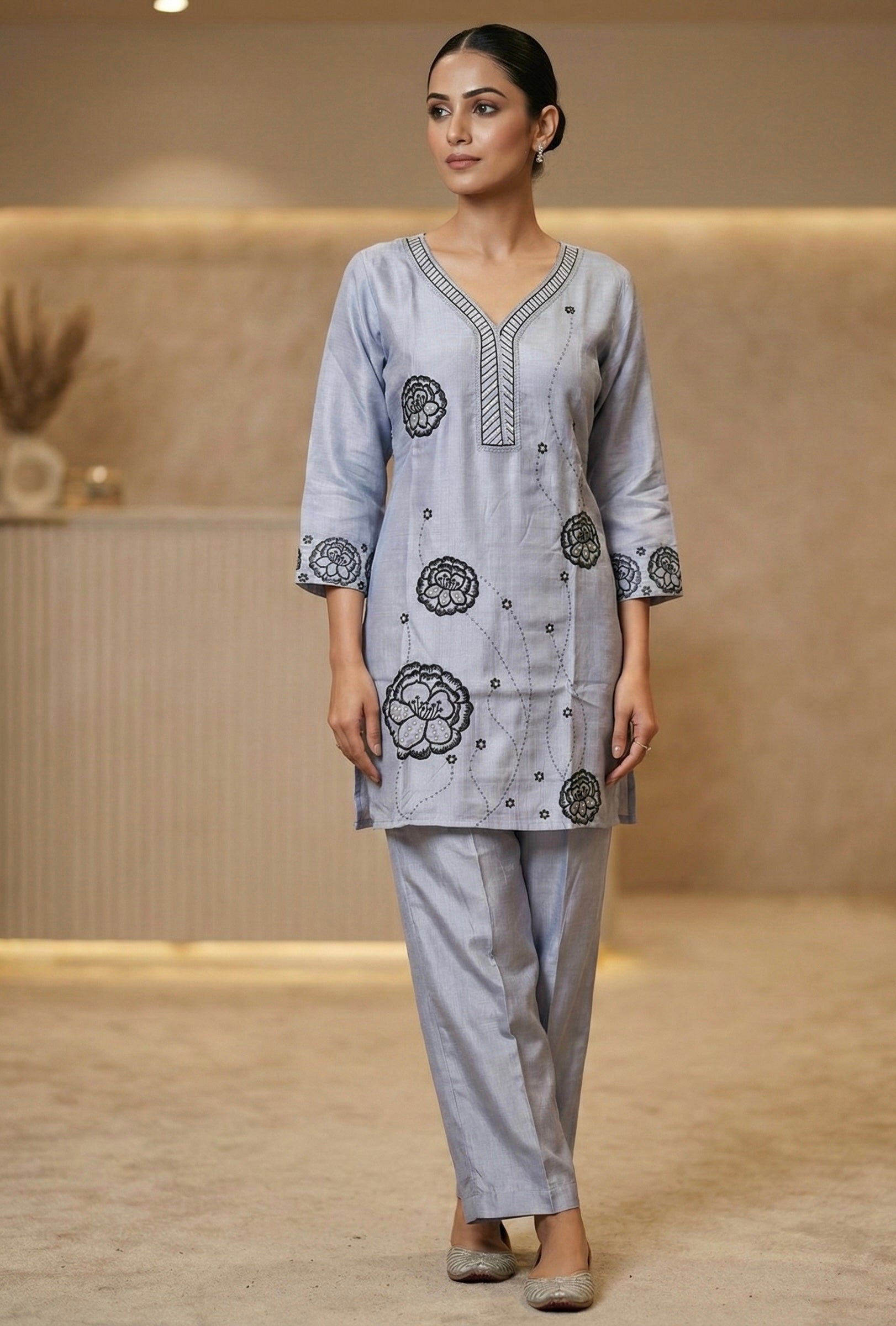 Zoya Bloom Embroidered Coord Set – Veticaan Fabric (Lilac Petal & Mist Blue)